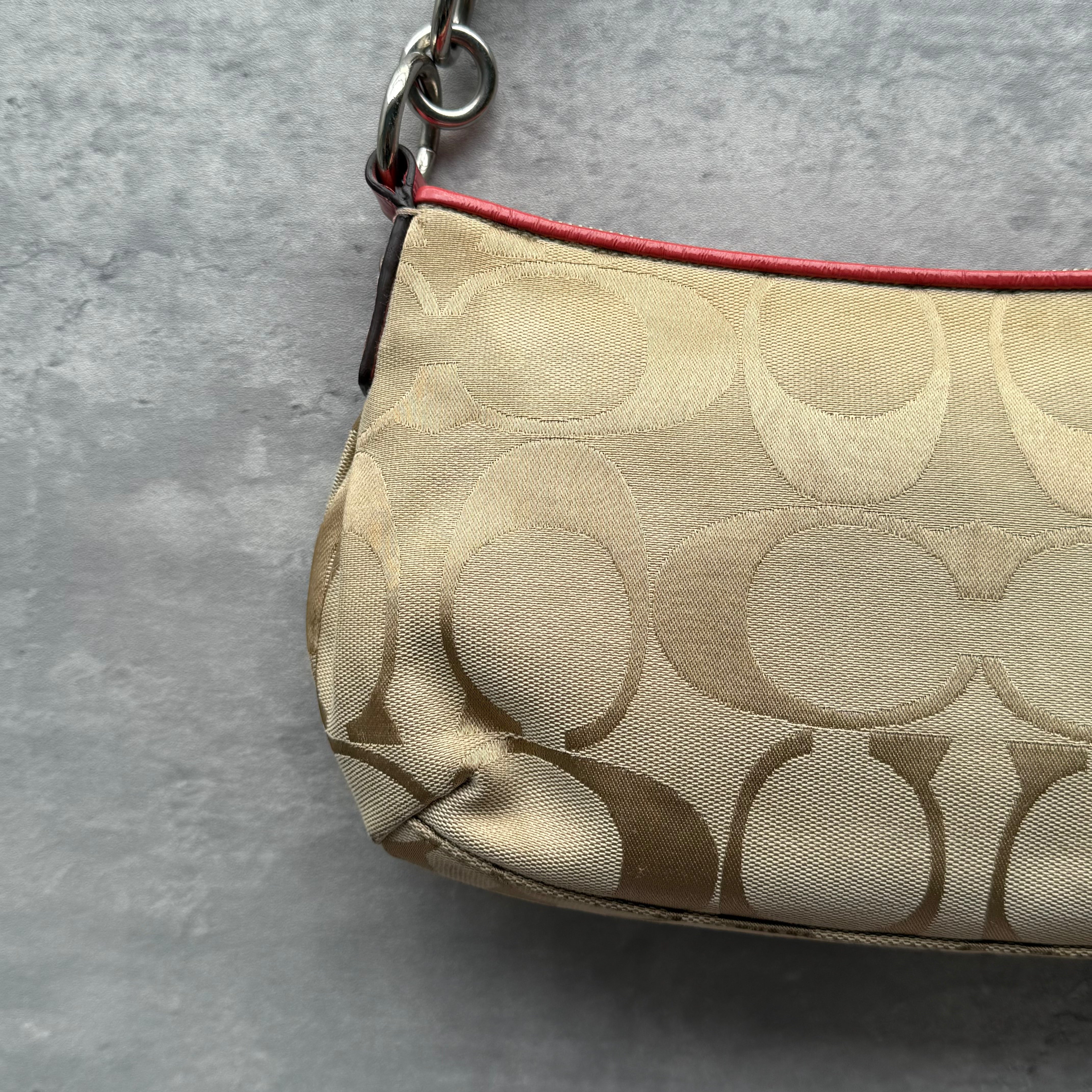 Coach 2Way Signature Stripe Shoulder Bag Beige/Red