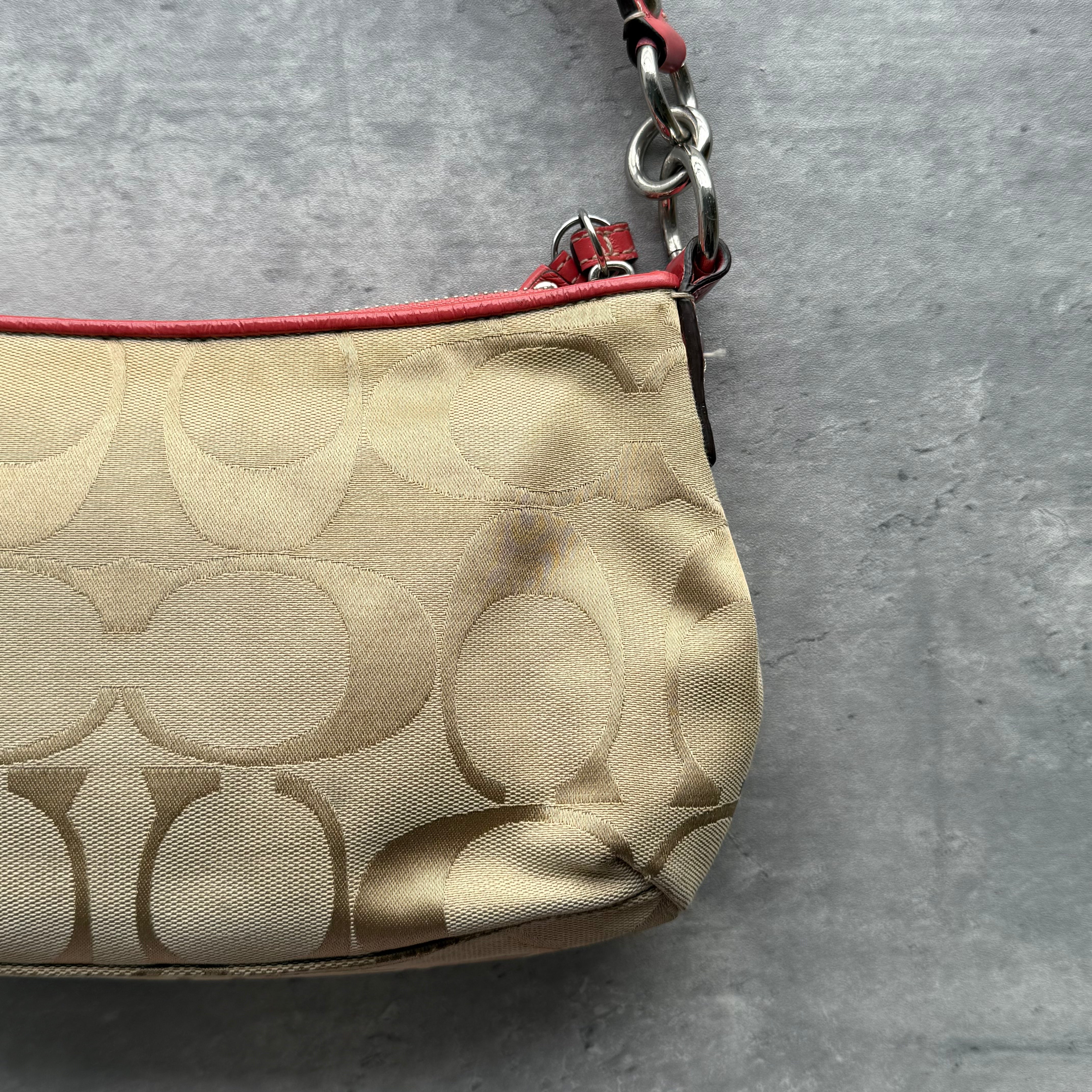 Coach 2Way Signature Stripe Shoulder Bag Beige/Red