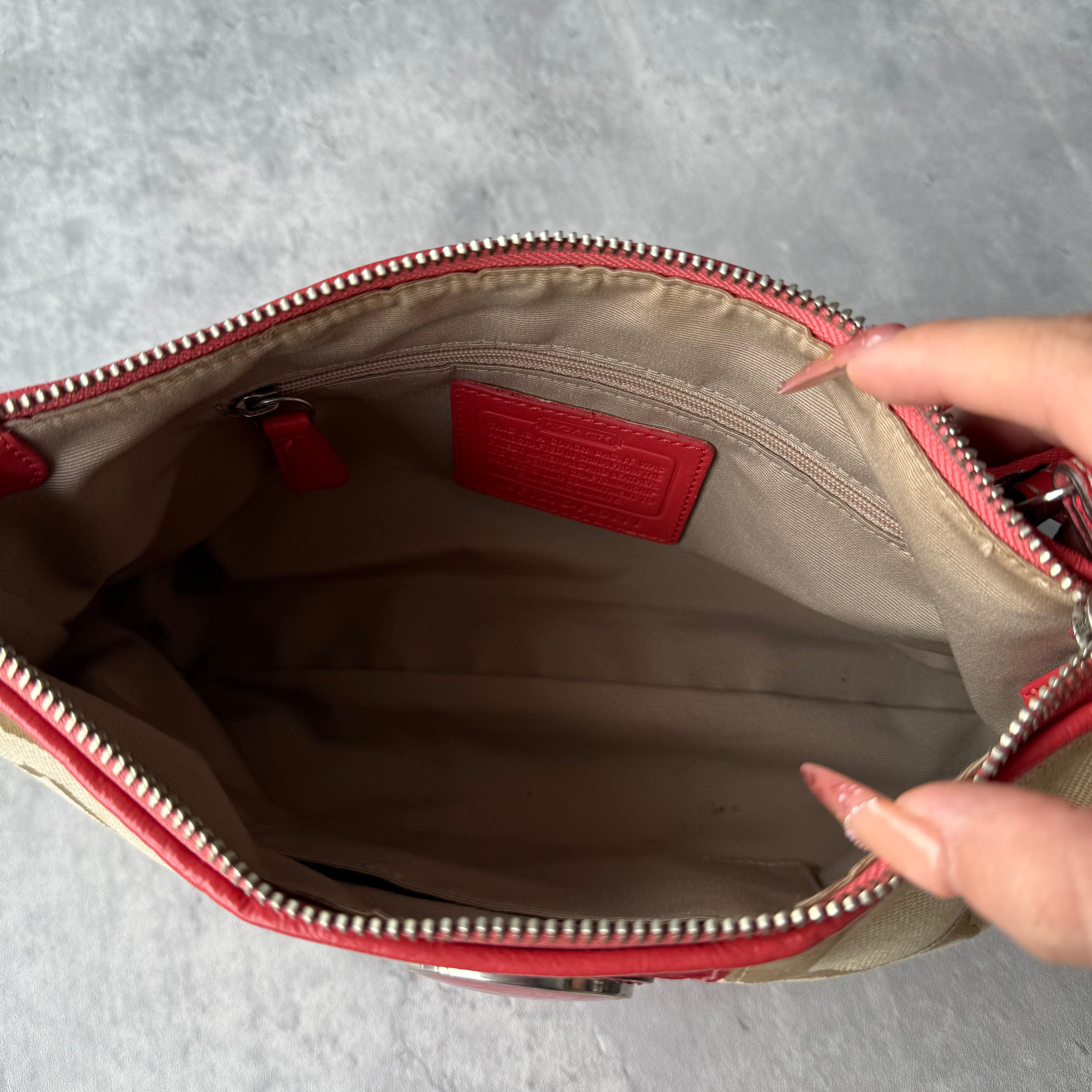 Coach 2Way Signature Stripe Shoulder Bag Beige/Red