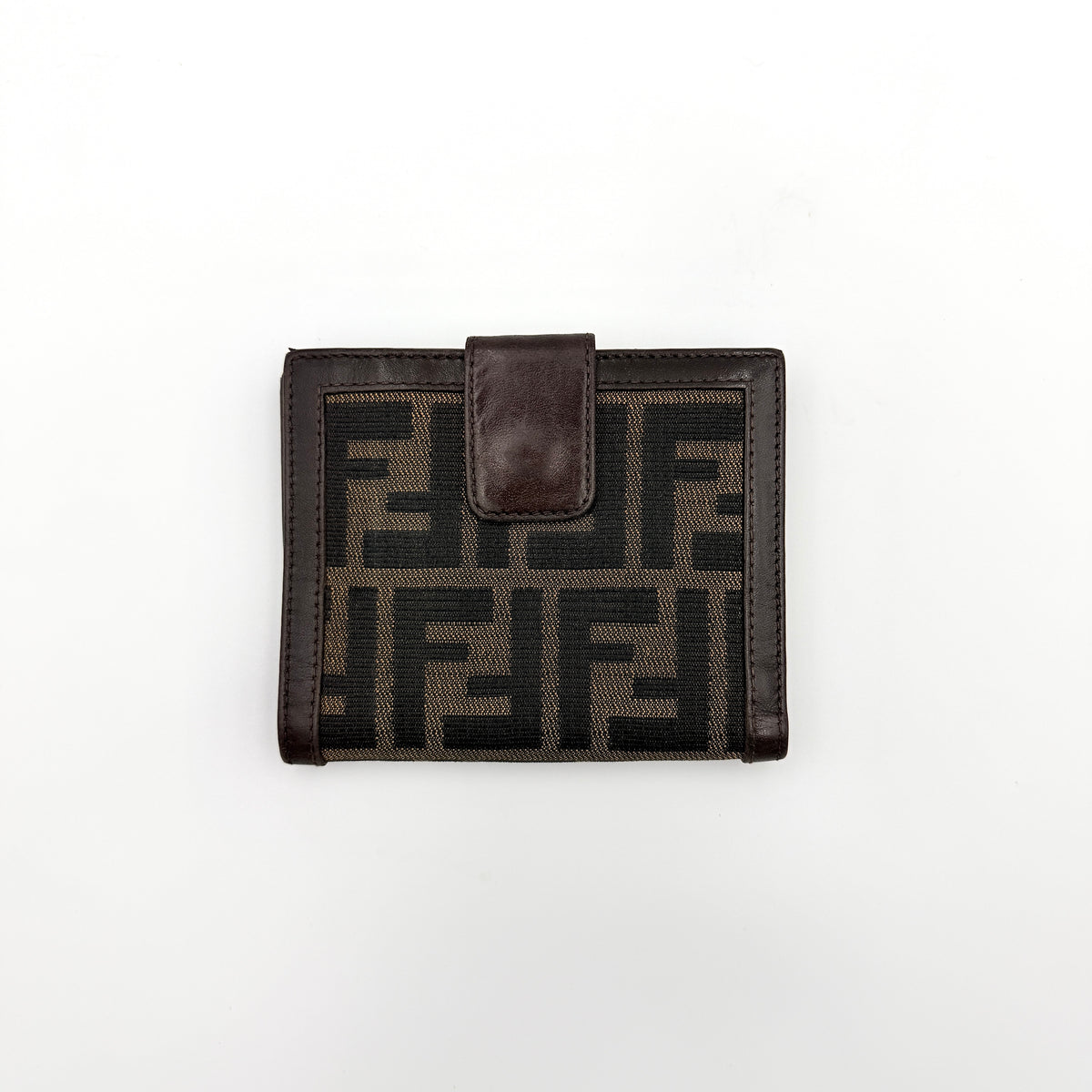 Fendi FF Zucca bifold wallet in brown and black canvas with leather trim, front snap tab detail.
