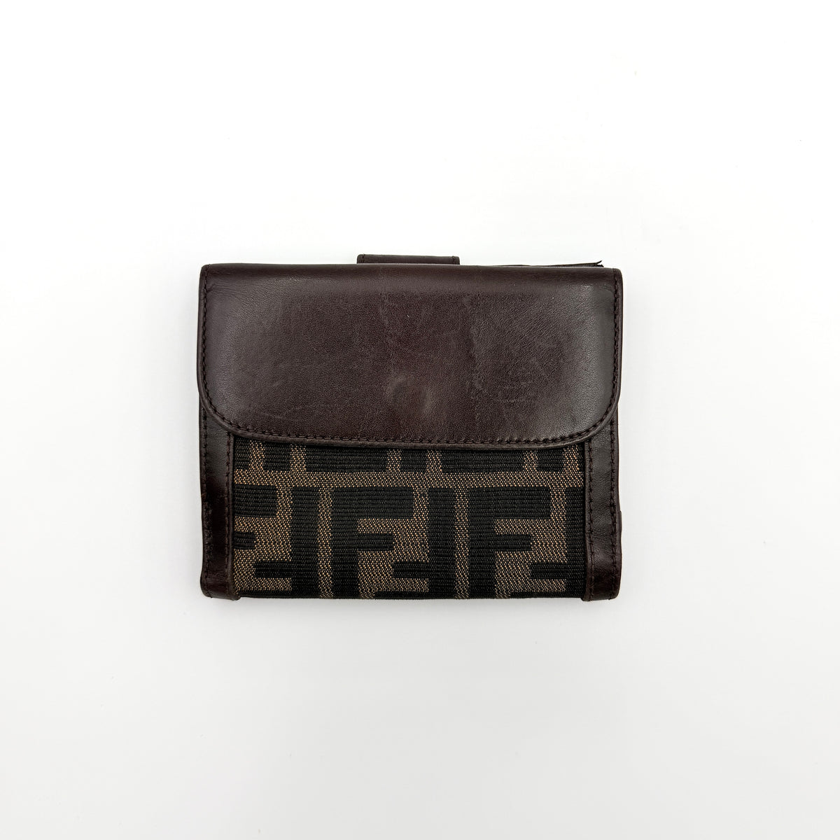 Fendi FF Zucca bifold wallet in brown and black canvas with leather trim, front snap tab detail.