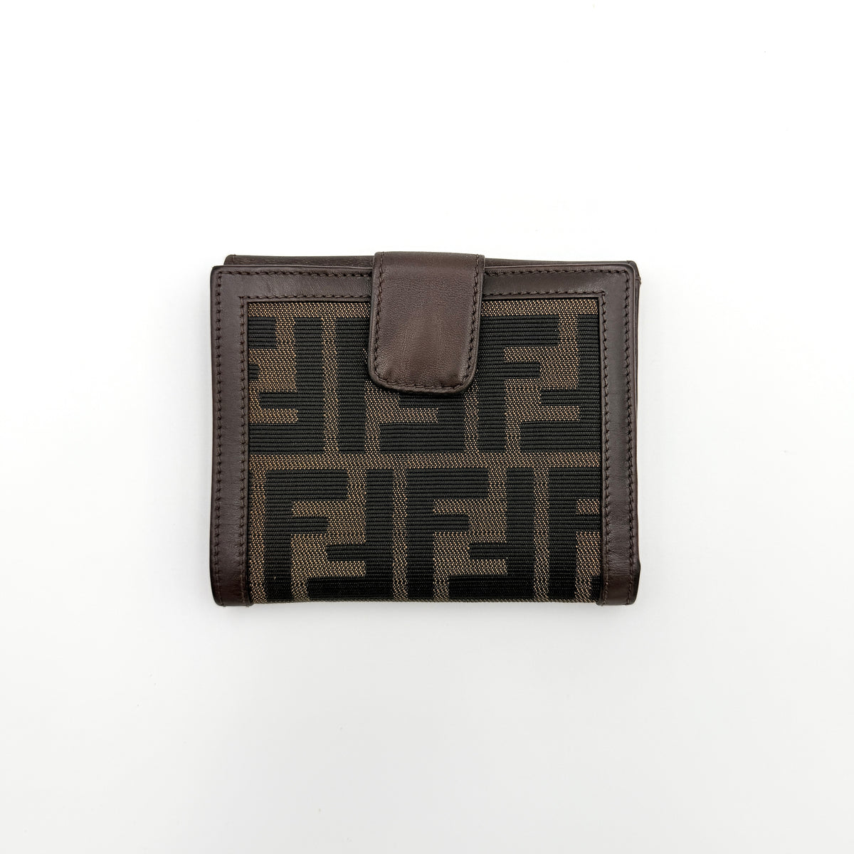Fendi FF Zucca Monogram bifold wallet in brown and black leather with snap closure, photographed on a white background.