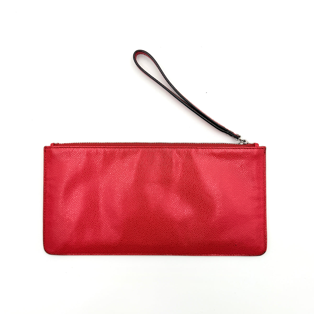 Salvatore Ferragamo red embossed leather wristlet with Gancini motif and wrist strap, shown against a white background.