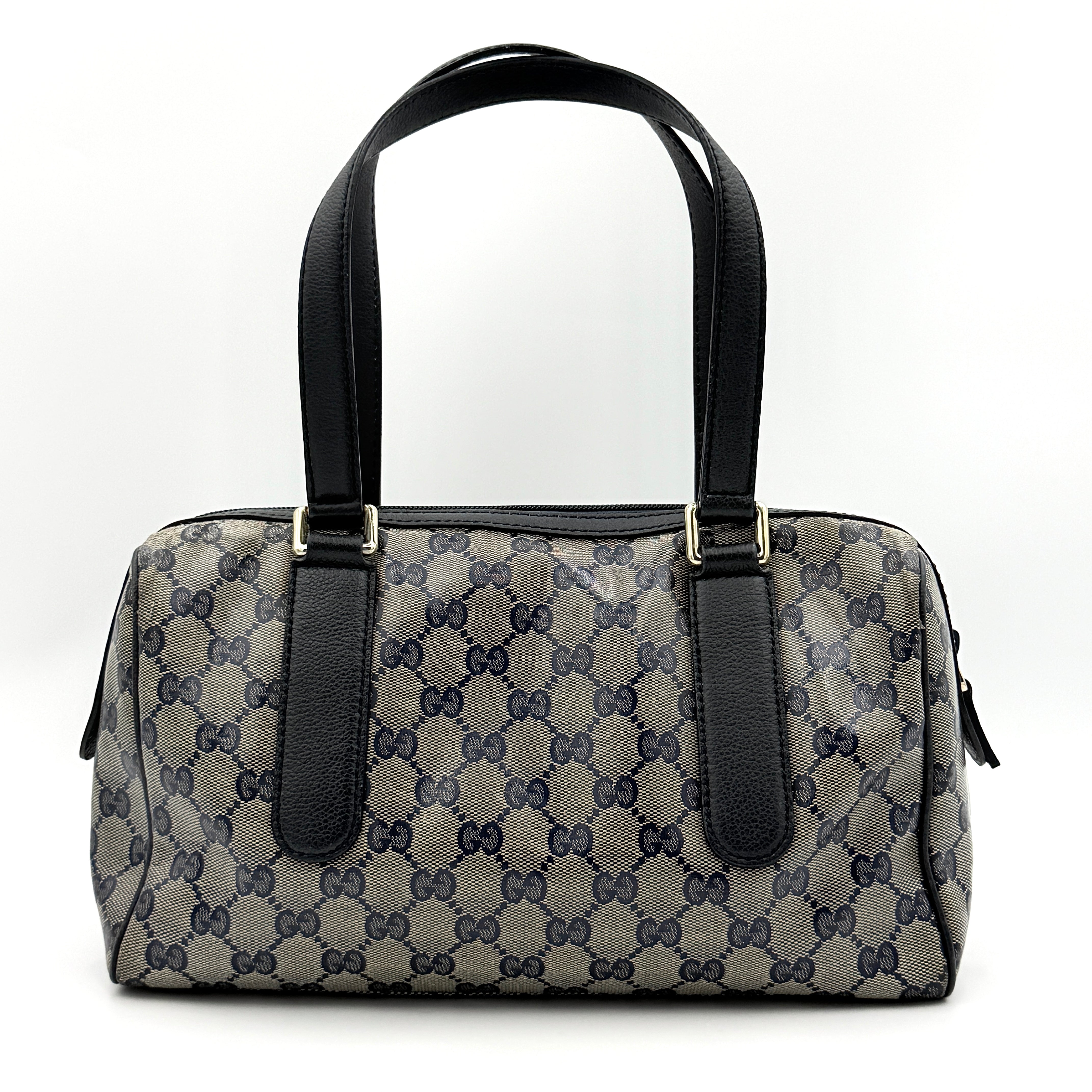 Front-facing view of the Gucci GG Monogram Crystal Boston Bag in grey and black with dual top handles and signature GG canvas.