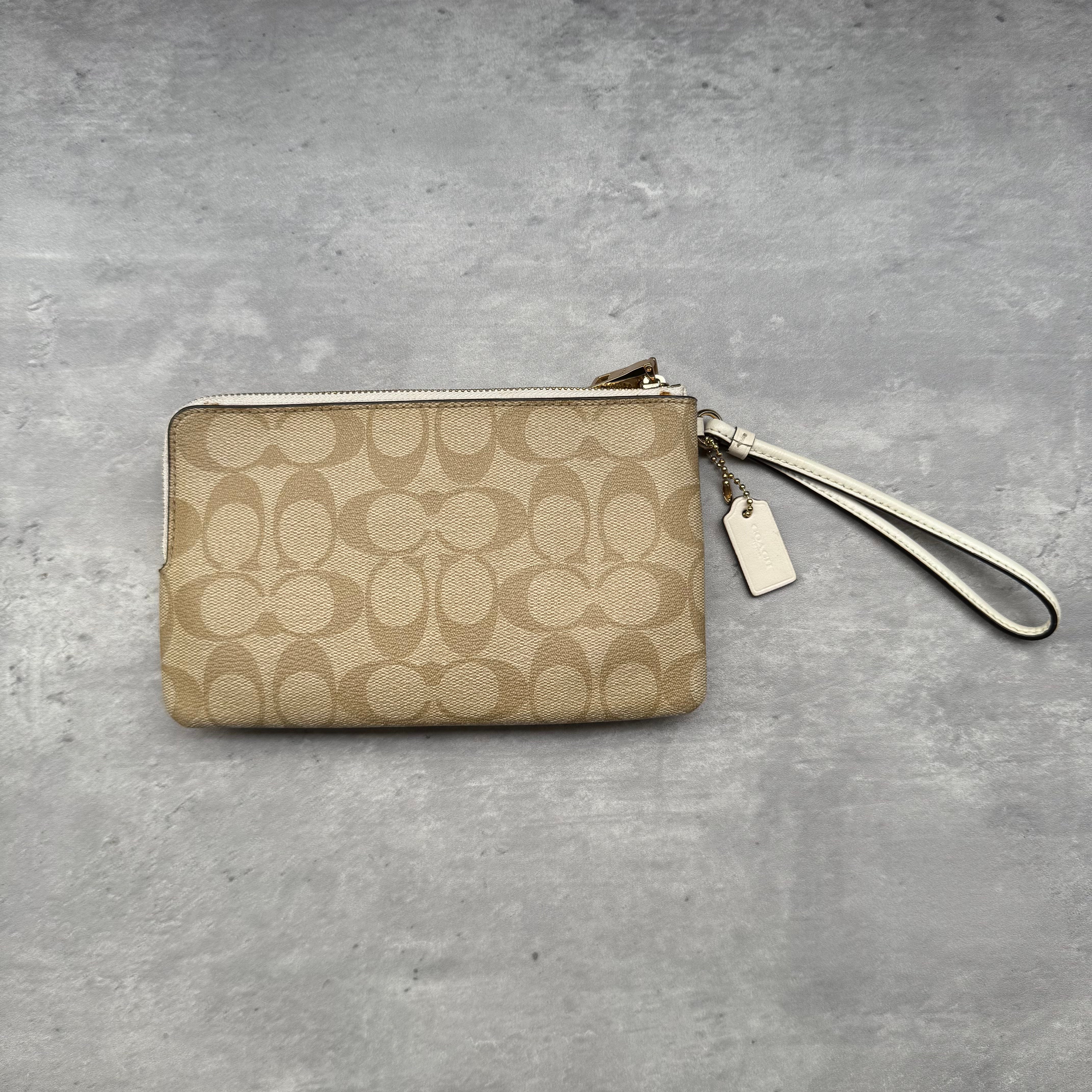 Coach Signature Canvas Double Zip Wristlet Cream