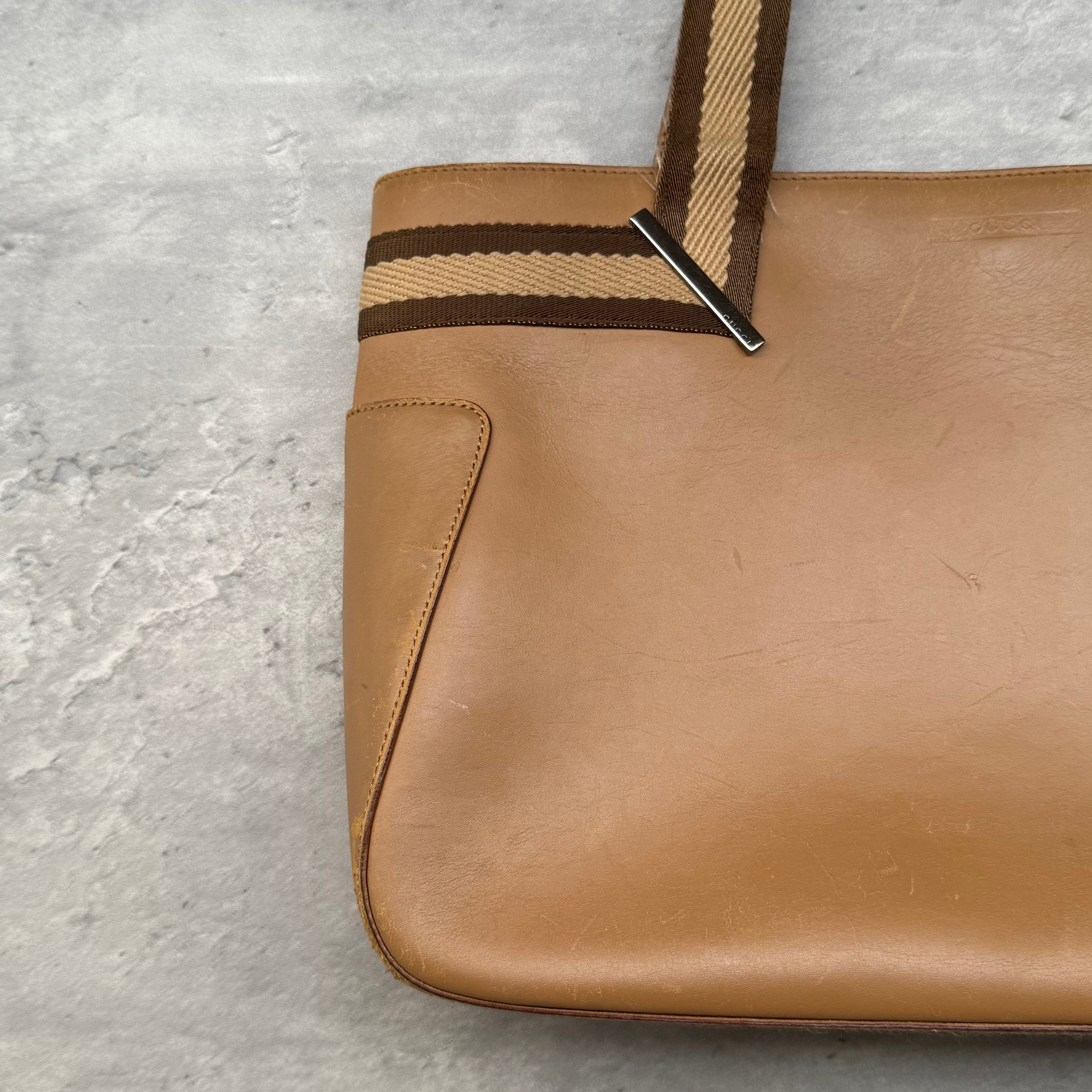 Gucci Stripe Web Leather HandBag Brown