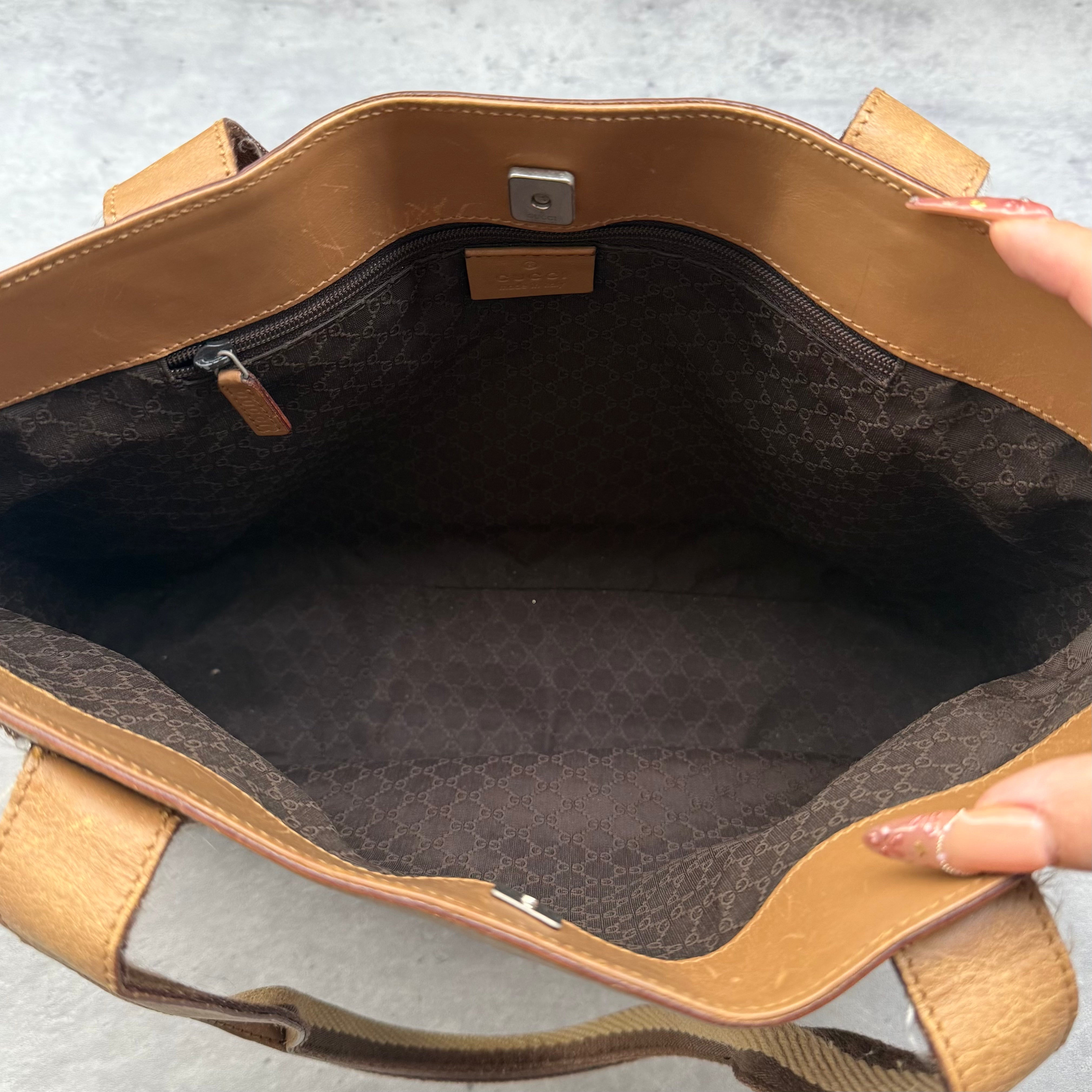 Gucci Stripe Web Leather HandBag Brown