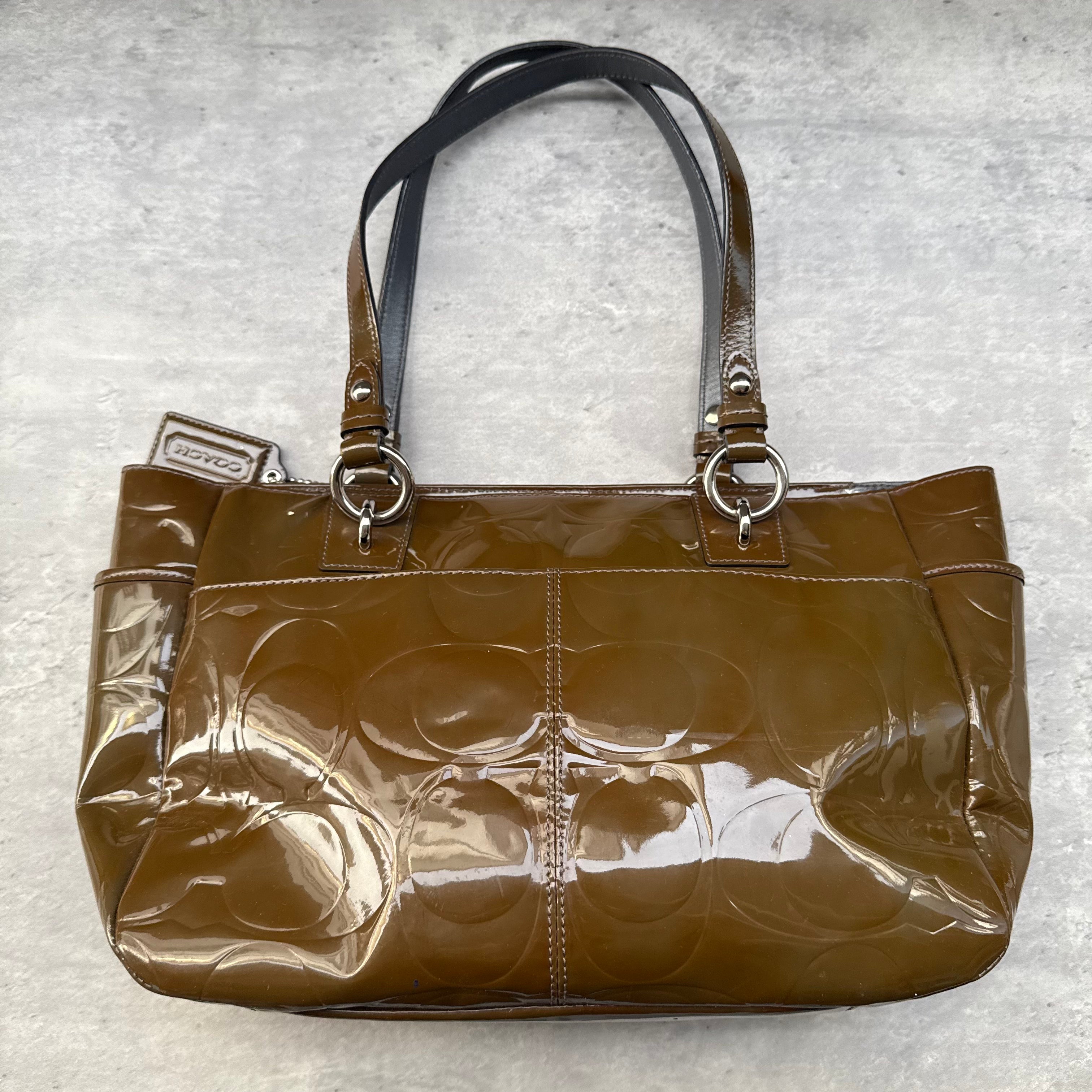 Coach Op Art Embossed Patent Leather Gallery Tote Bag Brown