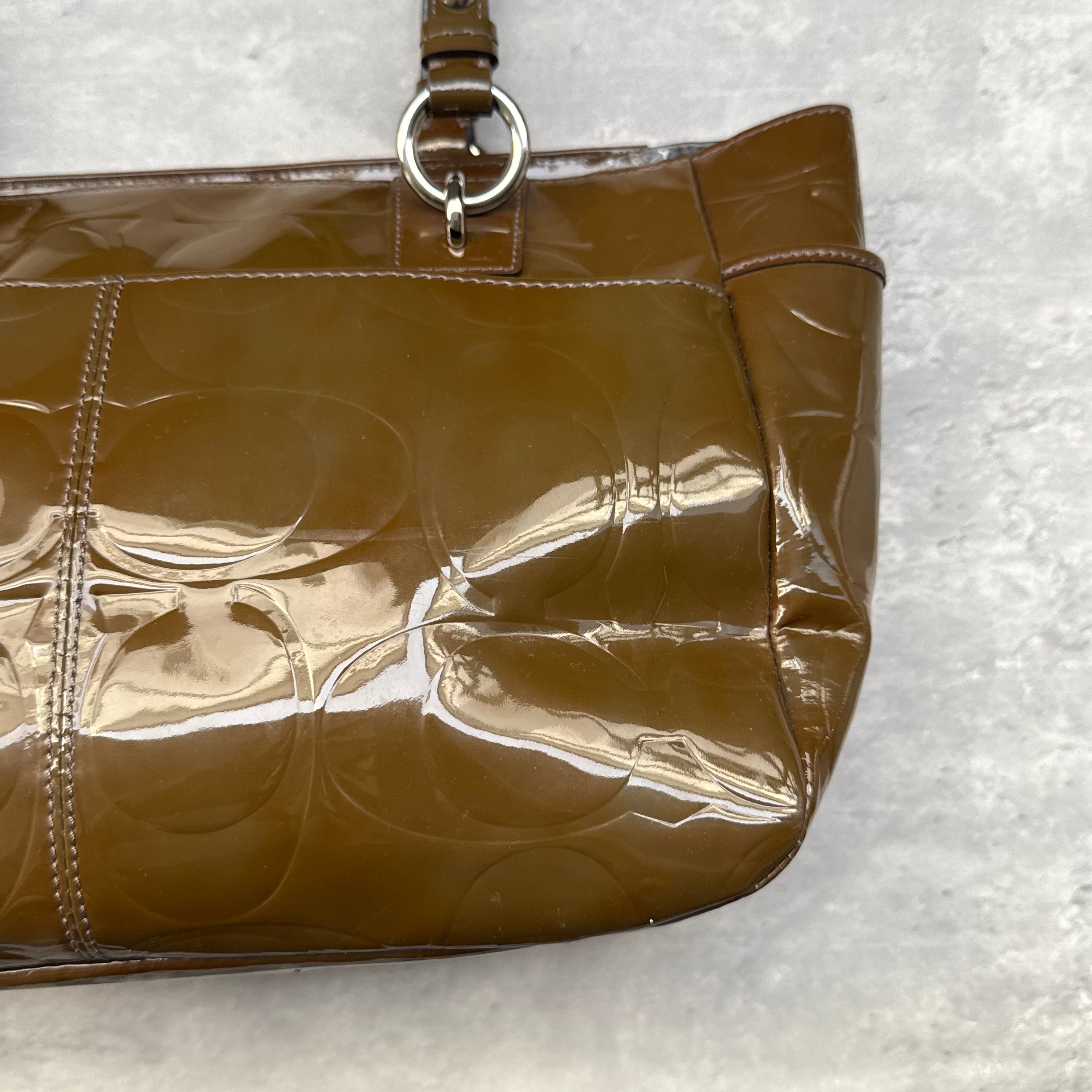 Coach Op Art Embossed Patent Leather Gallery Tote Bag Brown