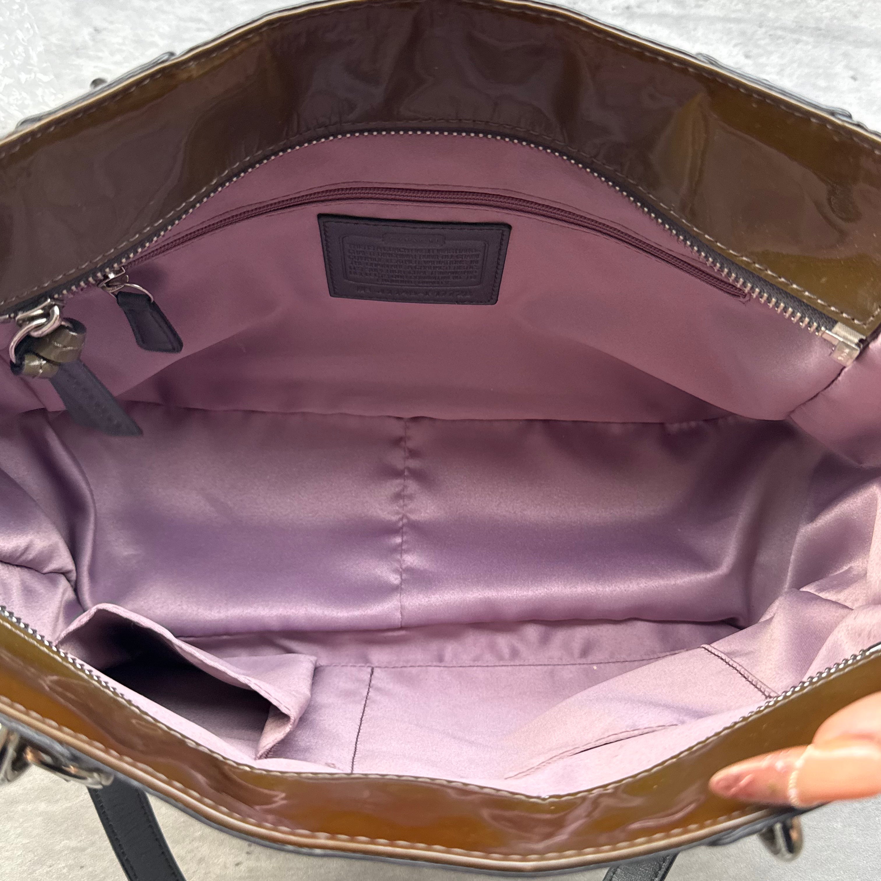 Coach Op Art Embossed Patent Leather Gallery Tote Bag Brown