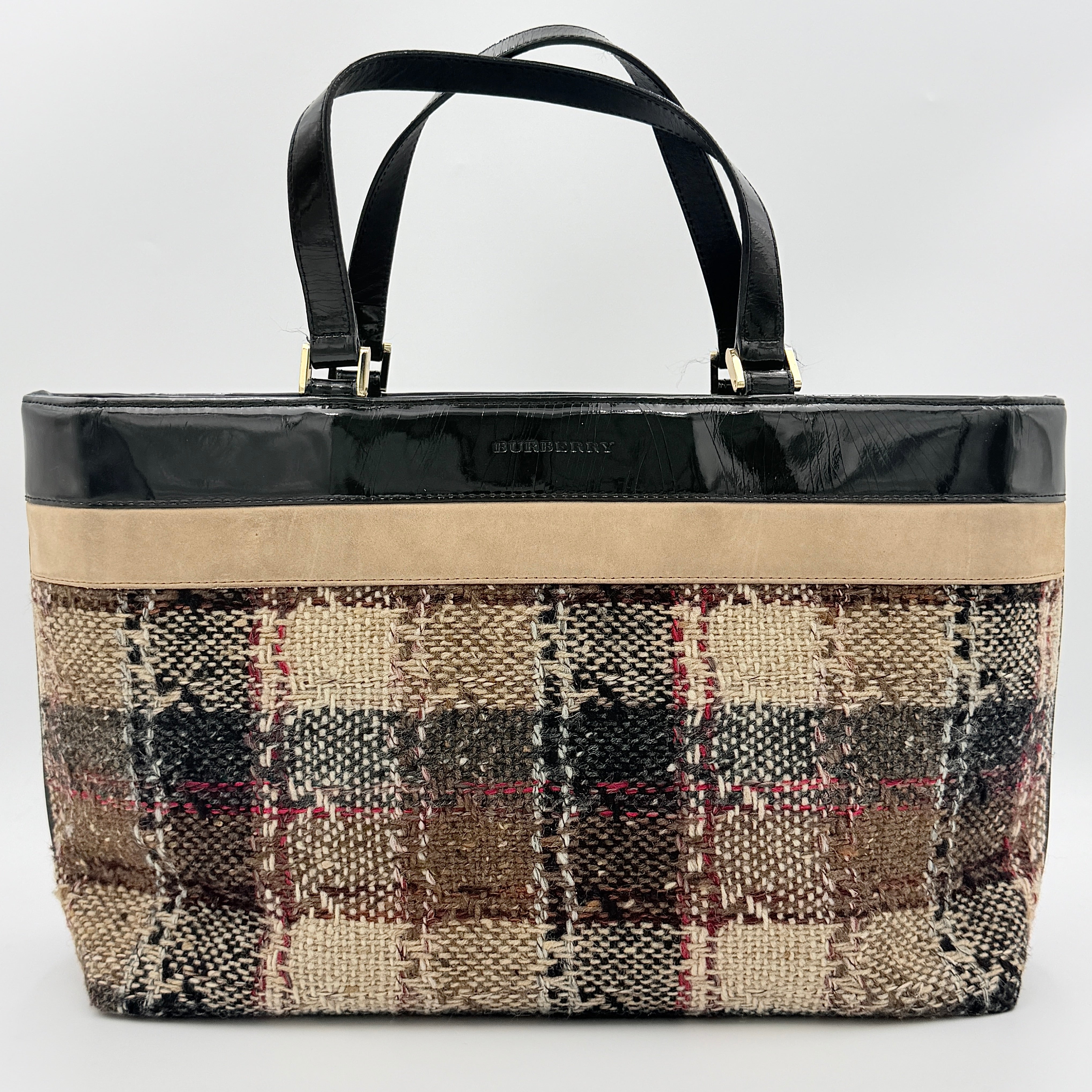 Burberry Nova Check Wool Shoulder Bag in beige and black wool with patent leather trim and double handles.