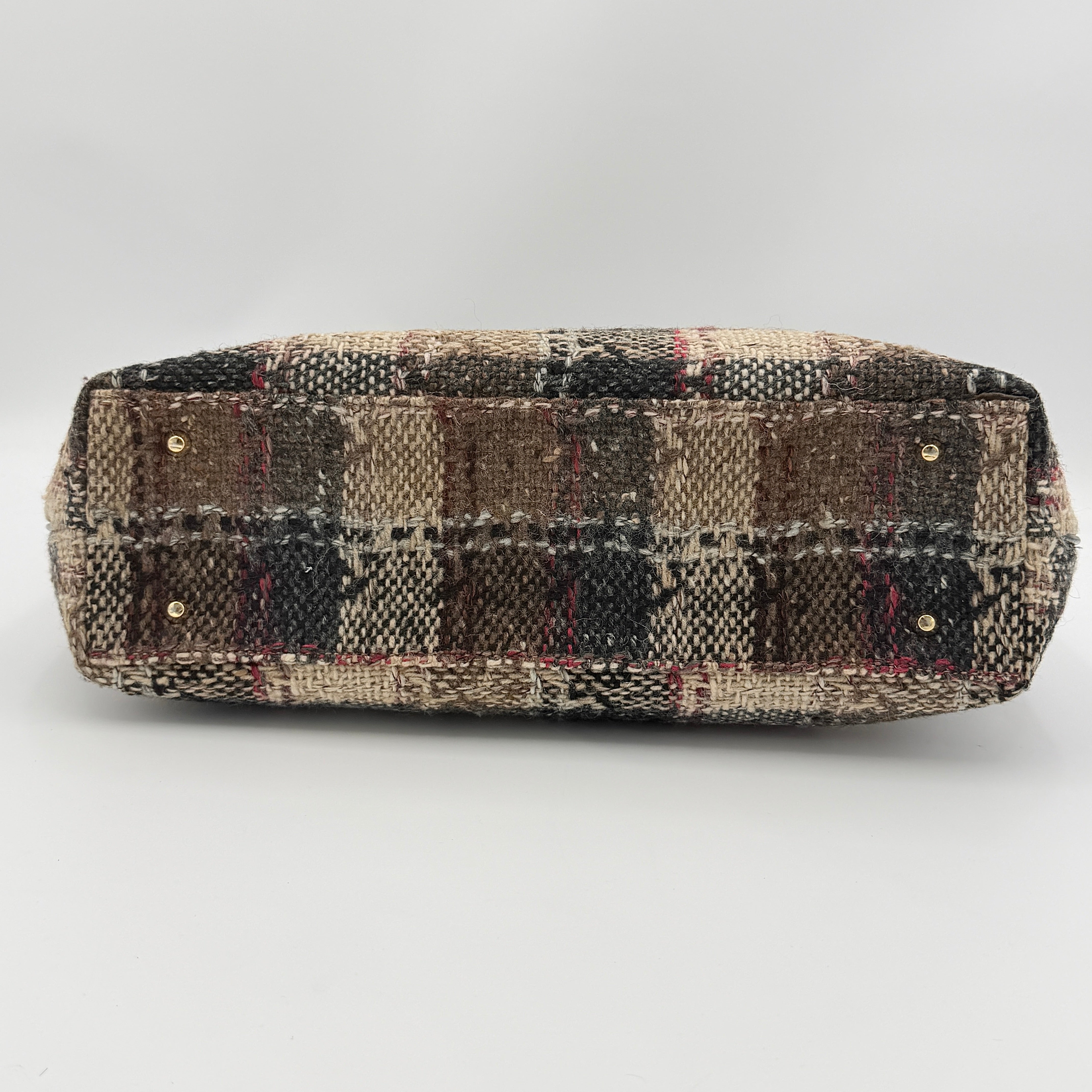 Burberry Nova Check Wool Shoulder Bag in beige and black wool with patent leather trim and double handles.