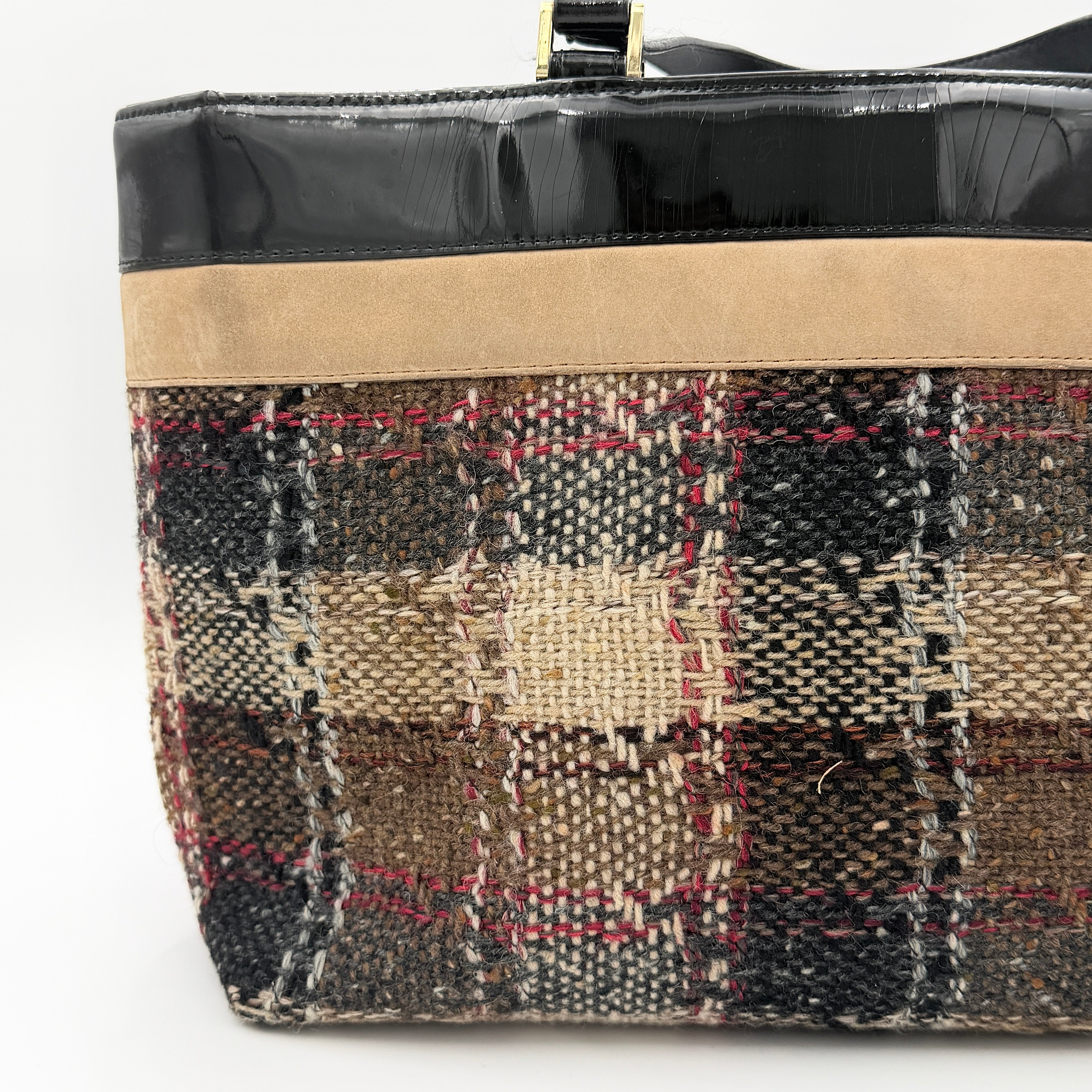 Burberry Nova Check Wool Shoulder Bag in beige and black wool with patent leather trim and double handles.