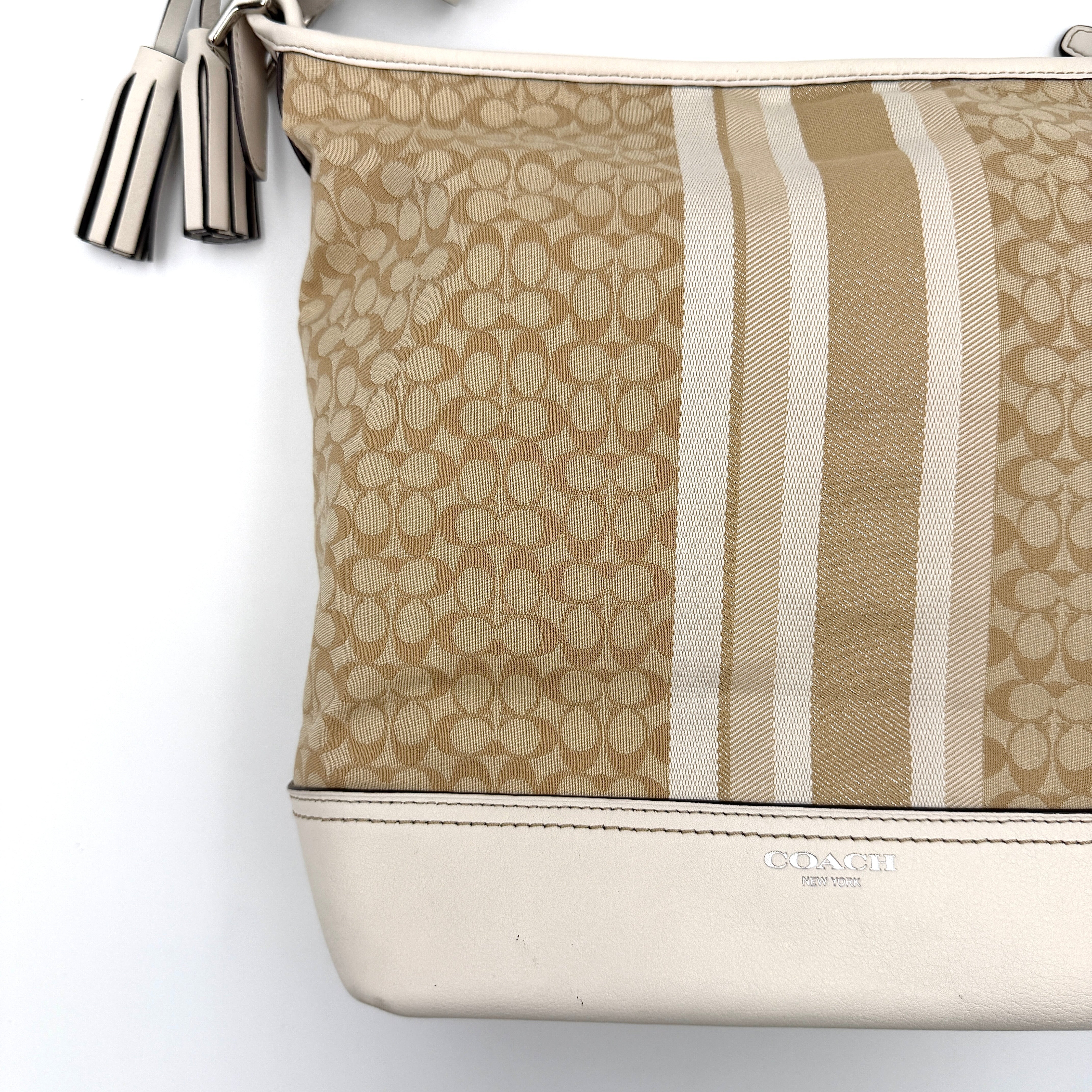 Coach Signature Stripe Duffle Legacy Crossbody Bag in khaki and cream with monogram pattern, central stripe, and adjustable leather strap.