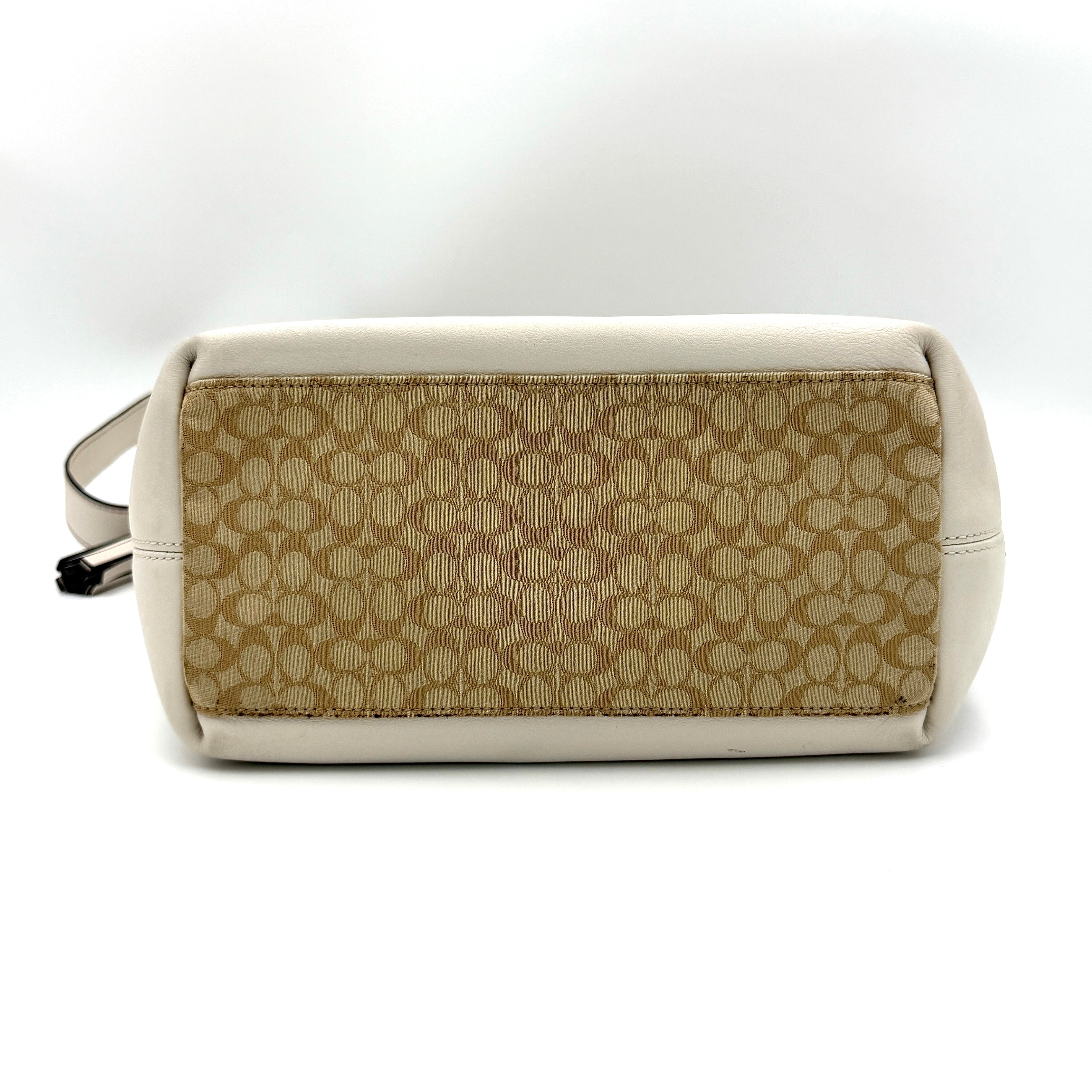 Coach Signature Stripe Duffle Legacy Crossbody Bag in khaki and cream with monogram pattern, central stripe, and adjustable leather strap.