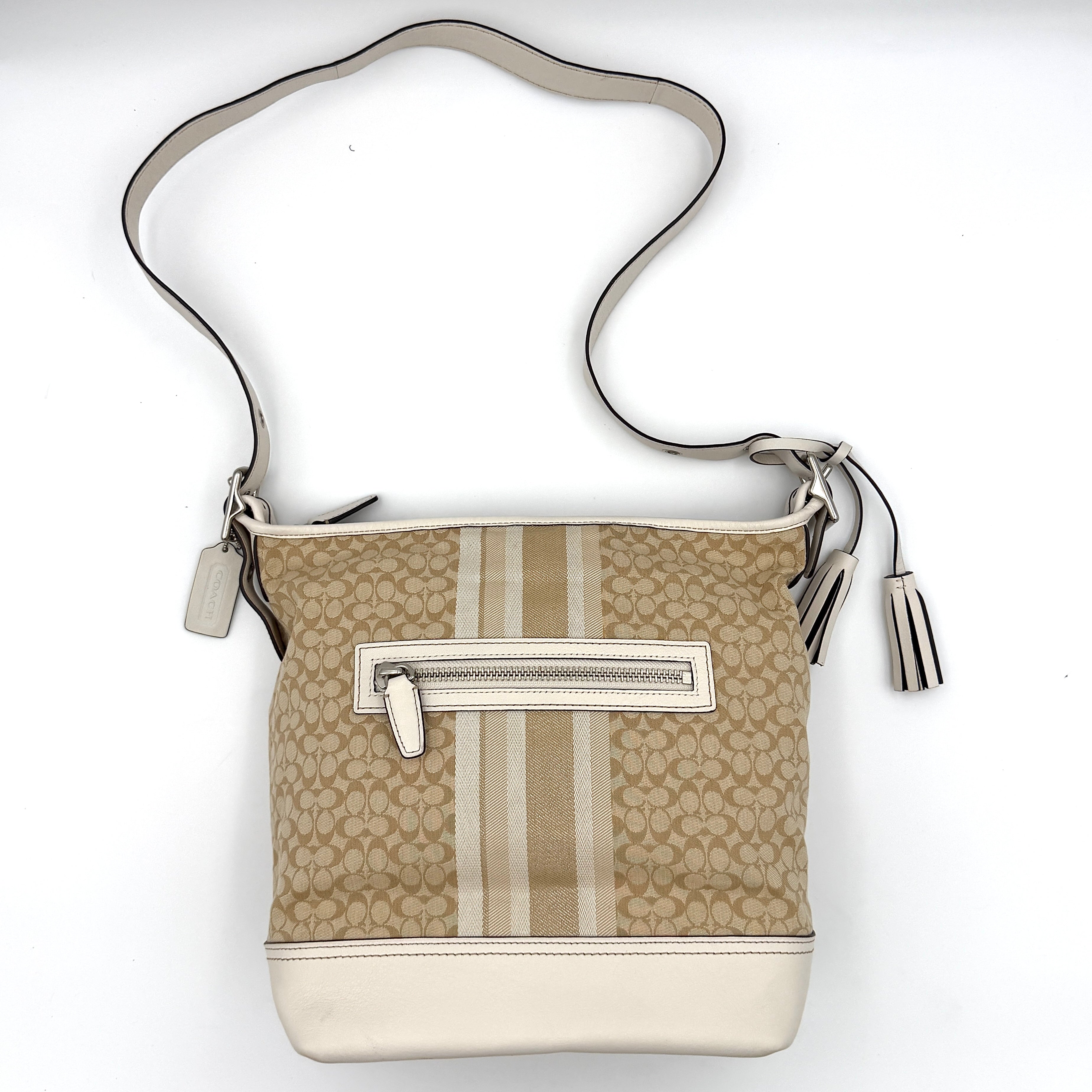 Coach Signature Stripe Duffle Legacy Crossbody Bag in khaki and cream with monogram pattern, central stripe, and adjustable leather strap.