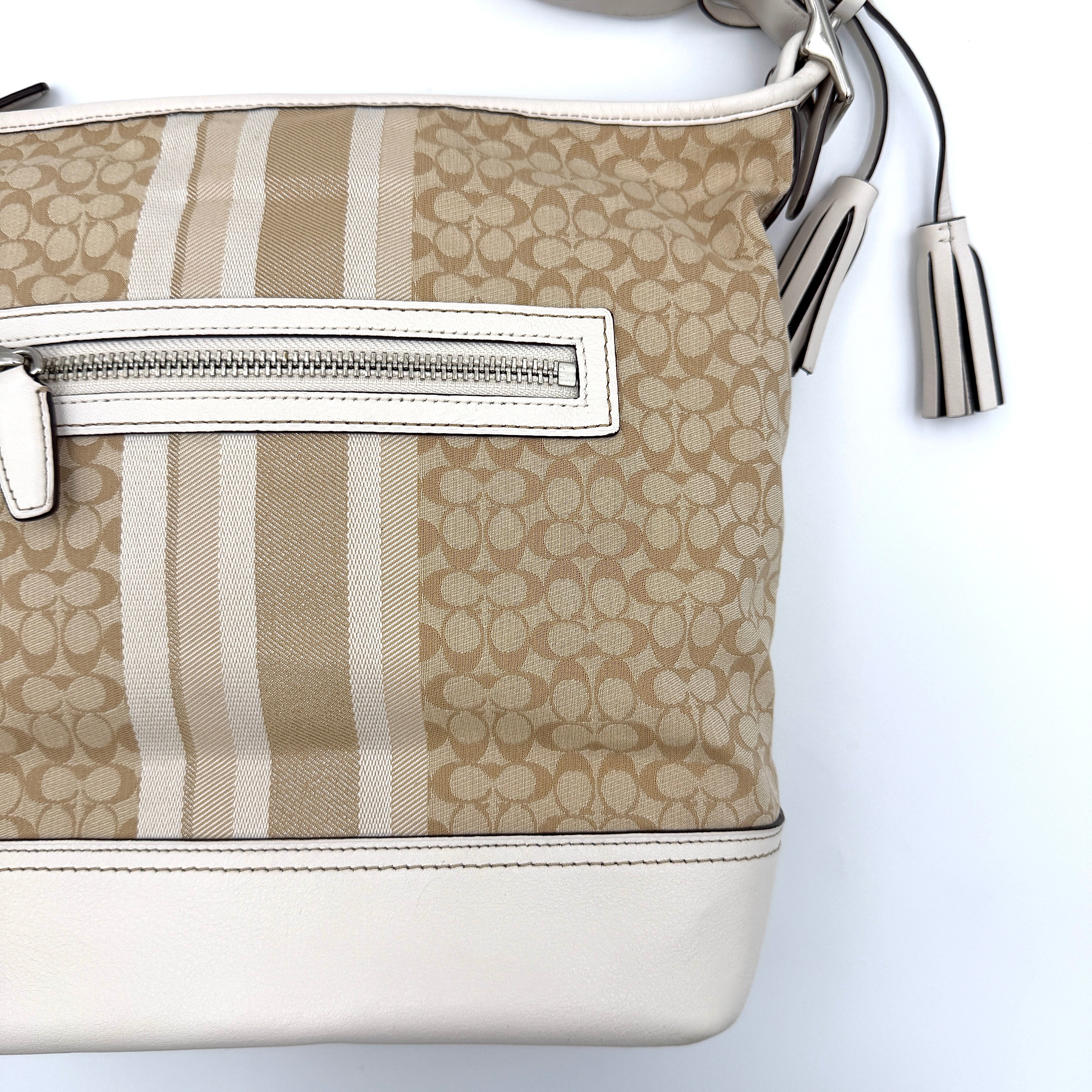 Coach Signature Stripe Duffle Legacy Crossbody Bag in khaki and cream with monogram pattern, central stripe, and adjustable leather strap.