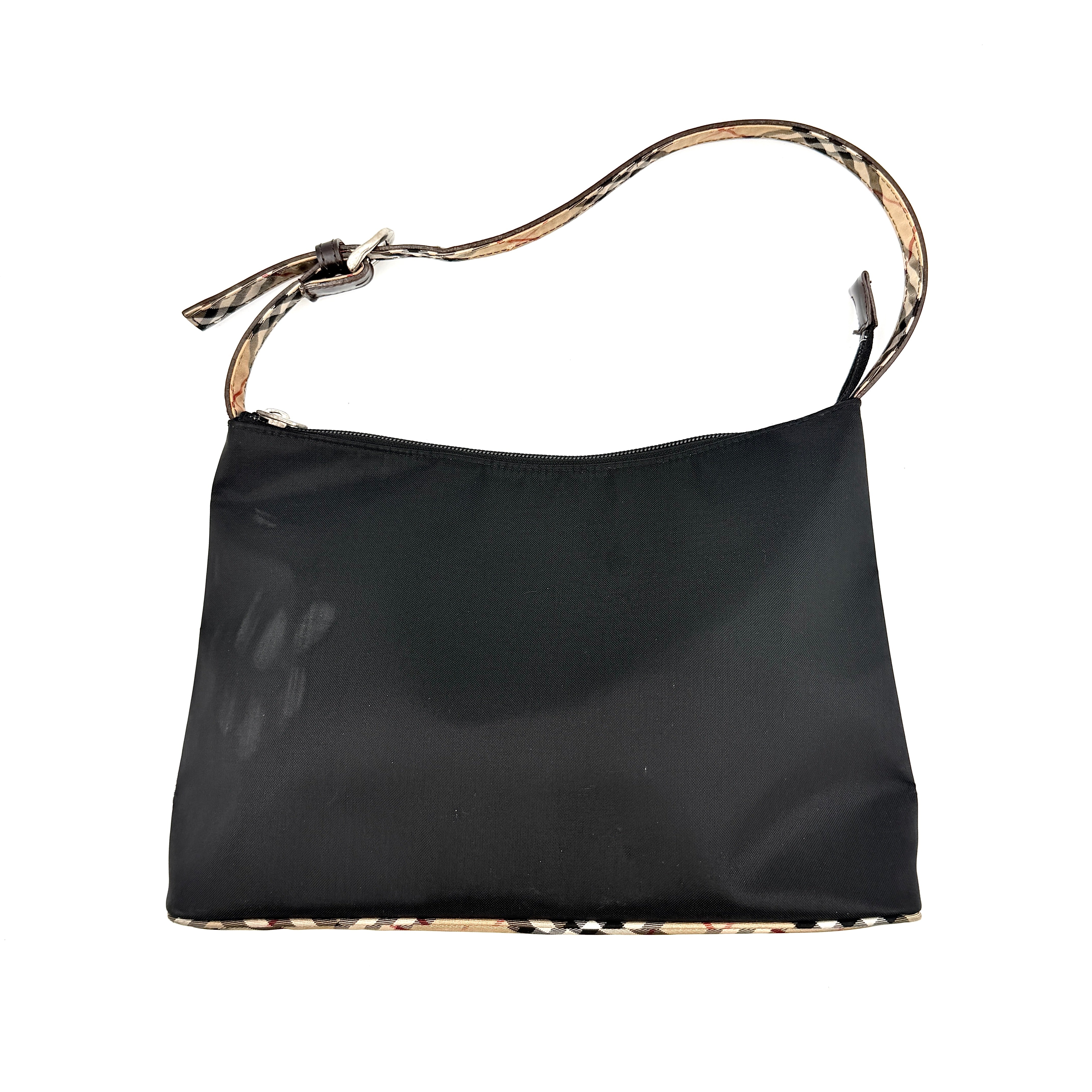 Front-facing Burberry Nova Check Nylon Shoulder Bag in black with Nova Check strap and base, shown against a clean background.