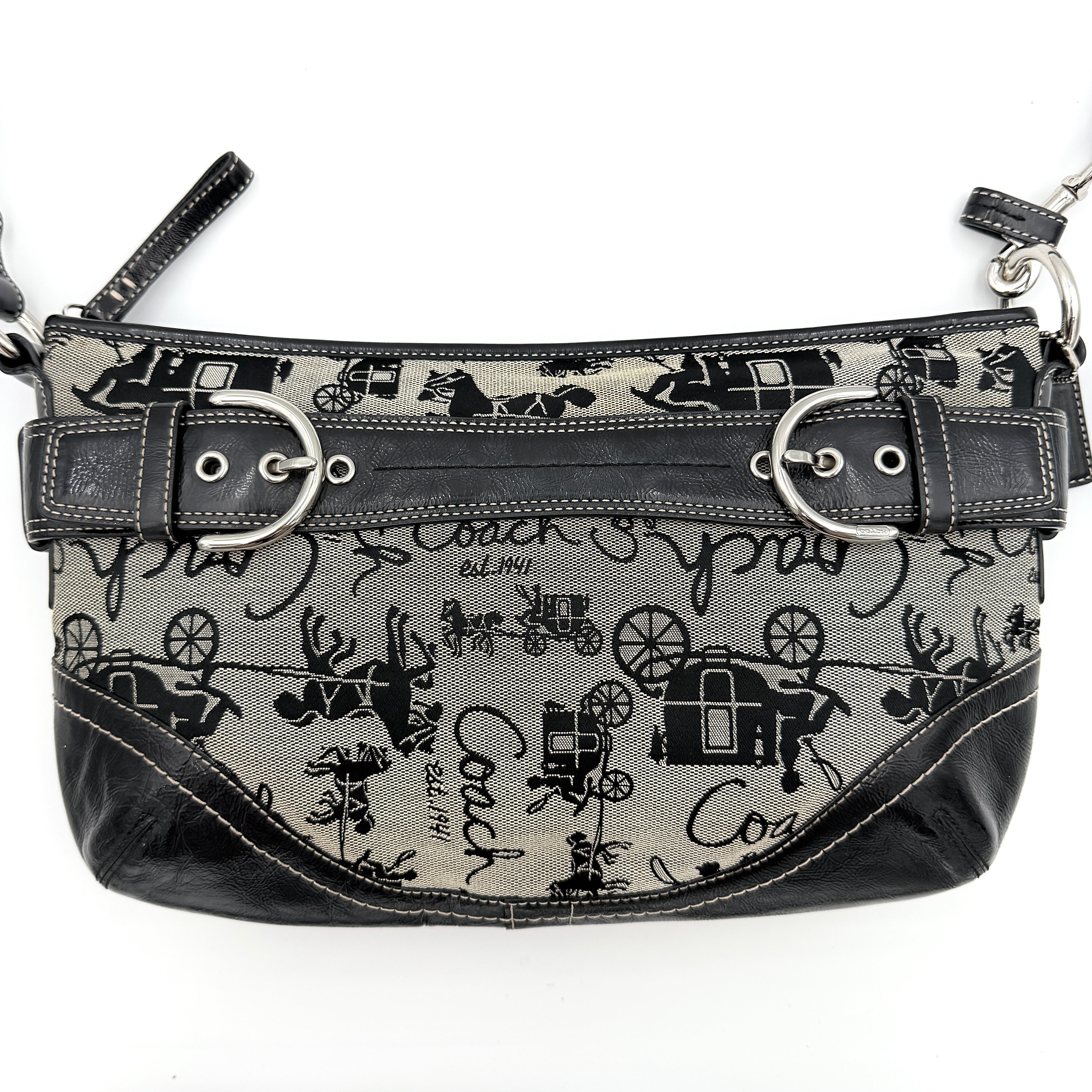 Coach 2Way Horse Carriage Sufflette Shoulder Bag in grey and black canvas with leather trim and adjustable strap.