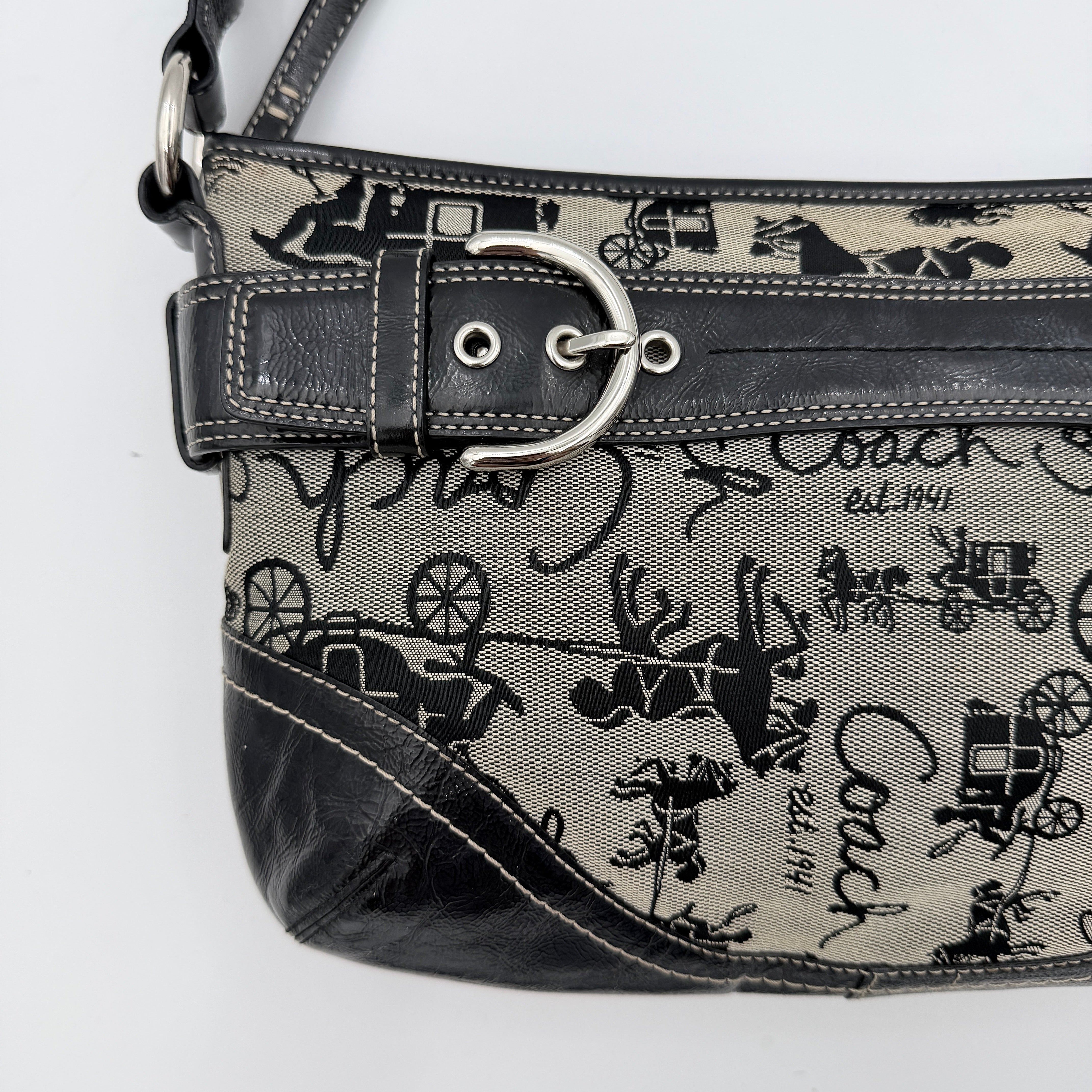 Coach 2Way Horse Carriage Sufflette Shoulder Bag in grey and black canvas with leather trim and adjustable strap.