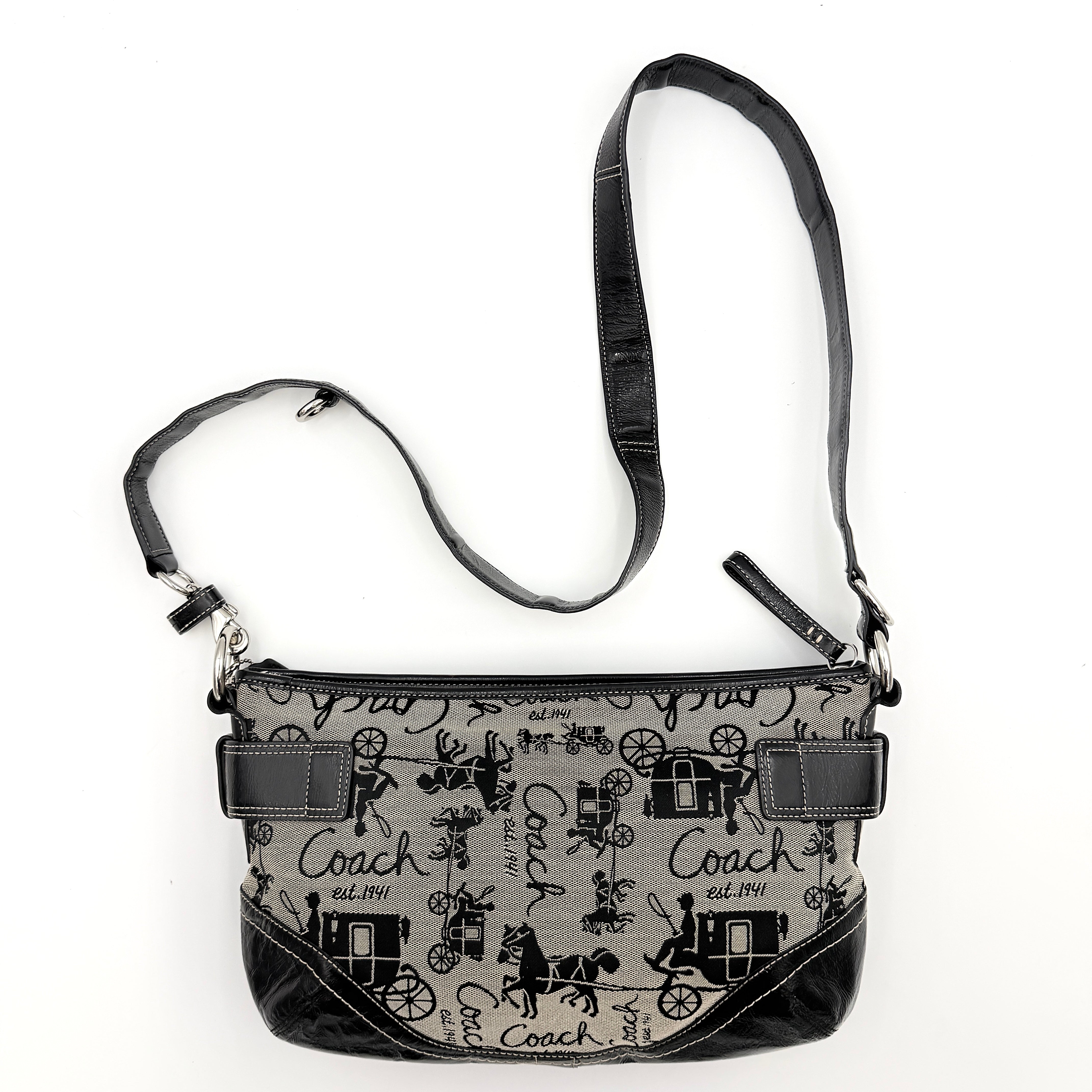 Coach 2Way Horse Carriage Sufflette Shoulder Bag in grey and black canvas with leather trim and adjustable strap.