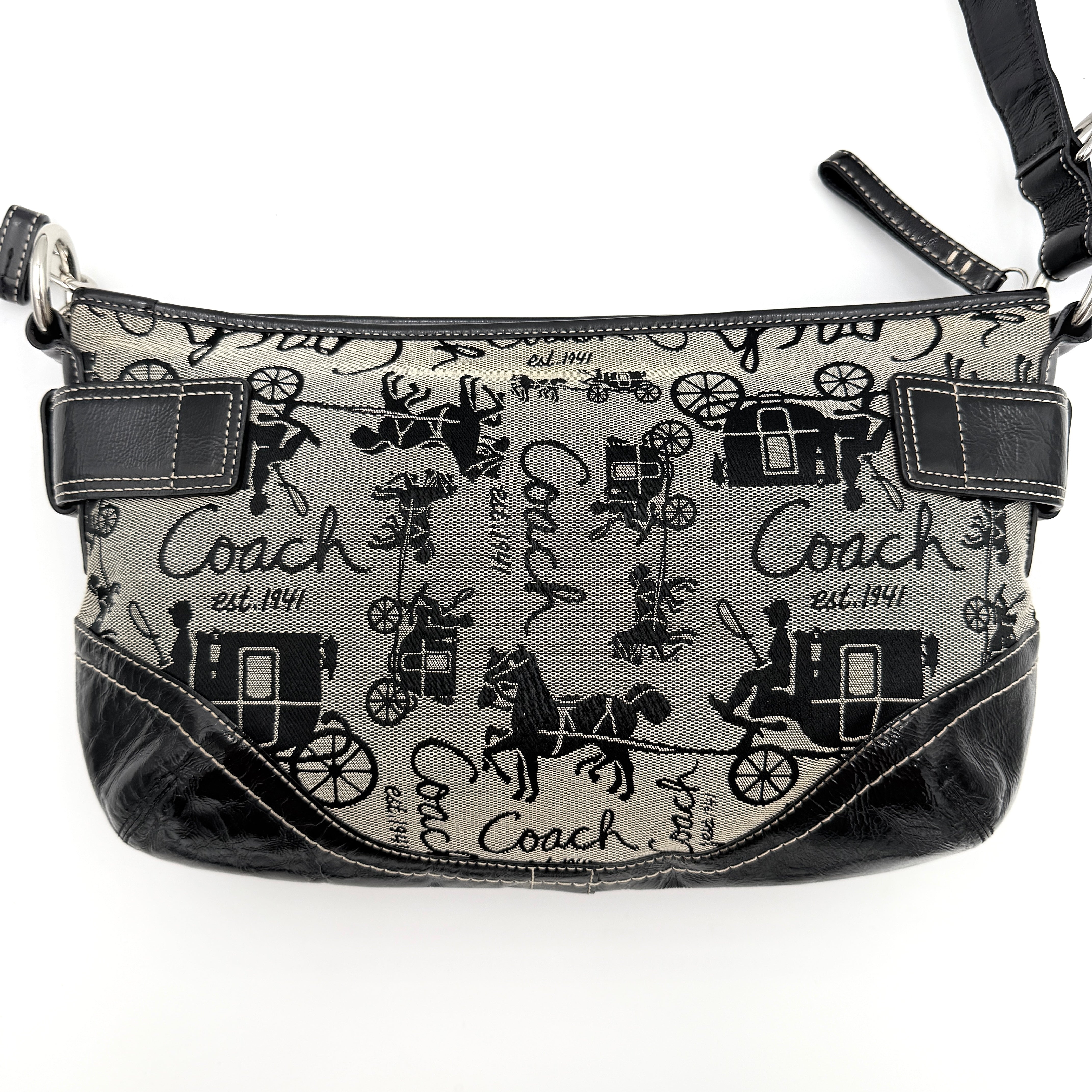 Coach 2Way Horse Carriage Sufflette Shoulder Bag in grey and black canvas with leather trim and adjustable strap.