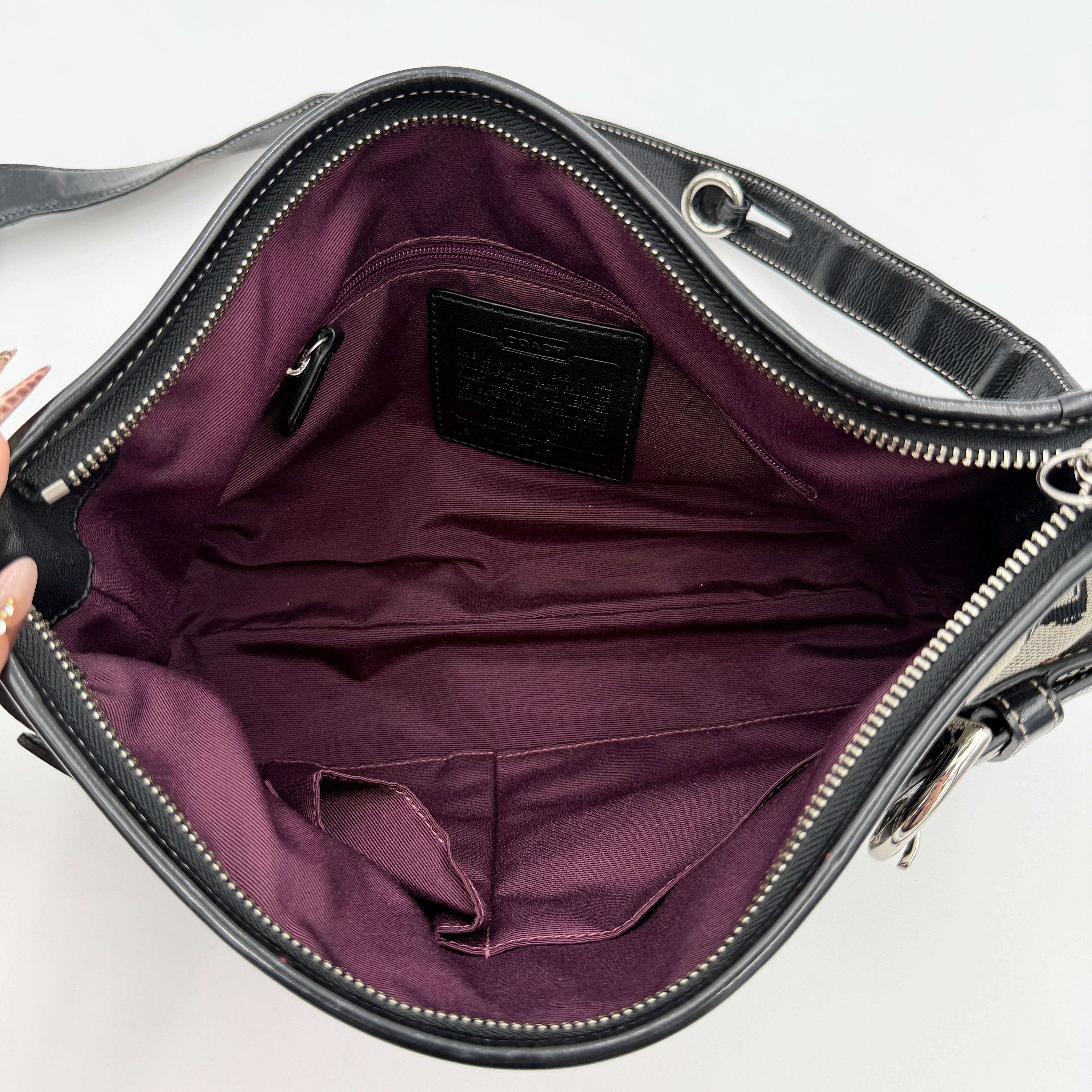 Coach 2Way Horse Carriage Sufflette Shoulder Bag in grey and black canvas with leather trim and adjustable strap.