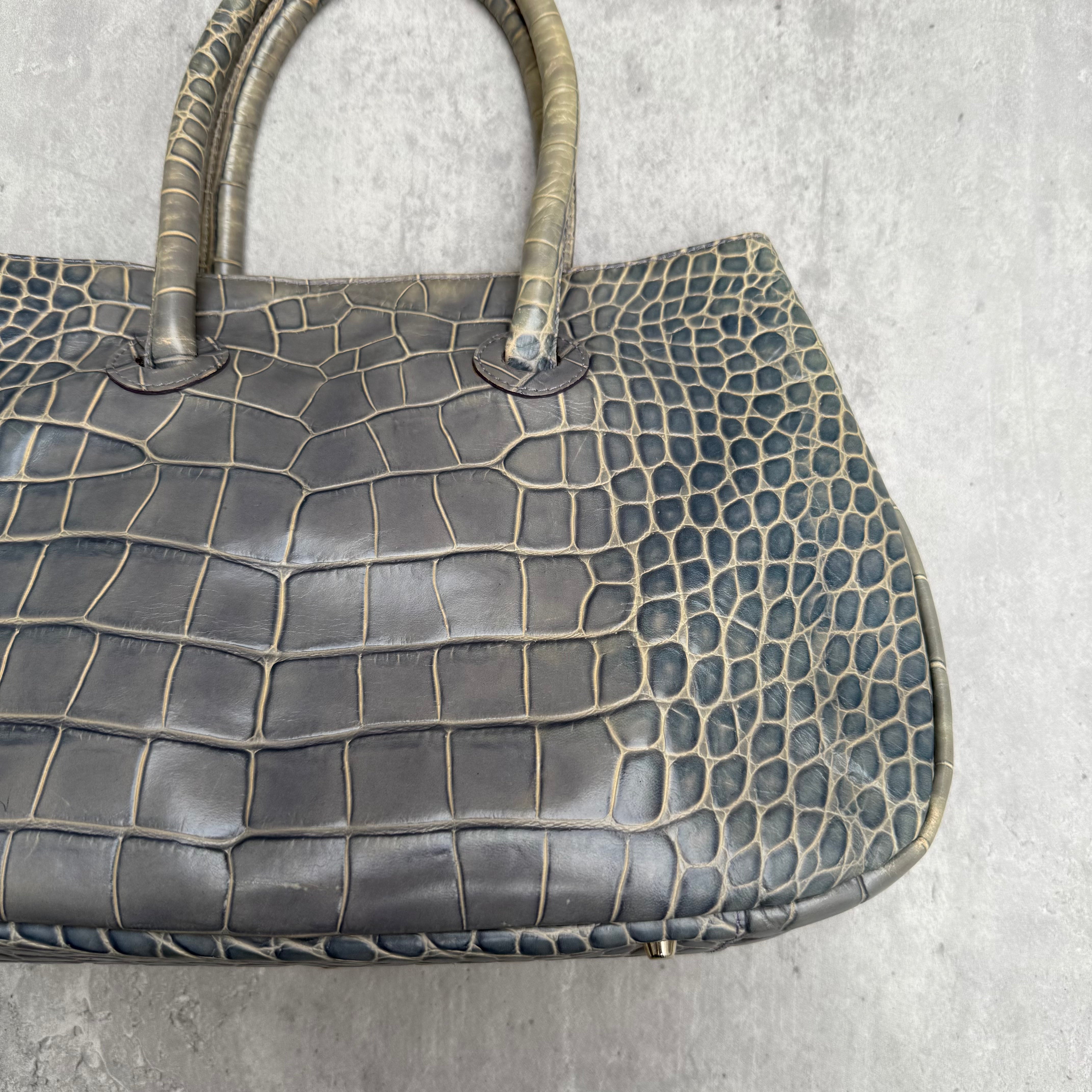 Furla Croc Embossed Leather Shoulder Tote Bag Sage Green