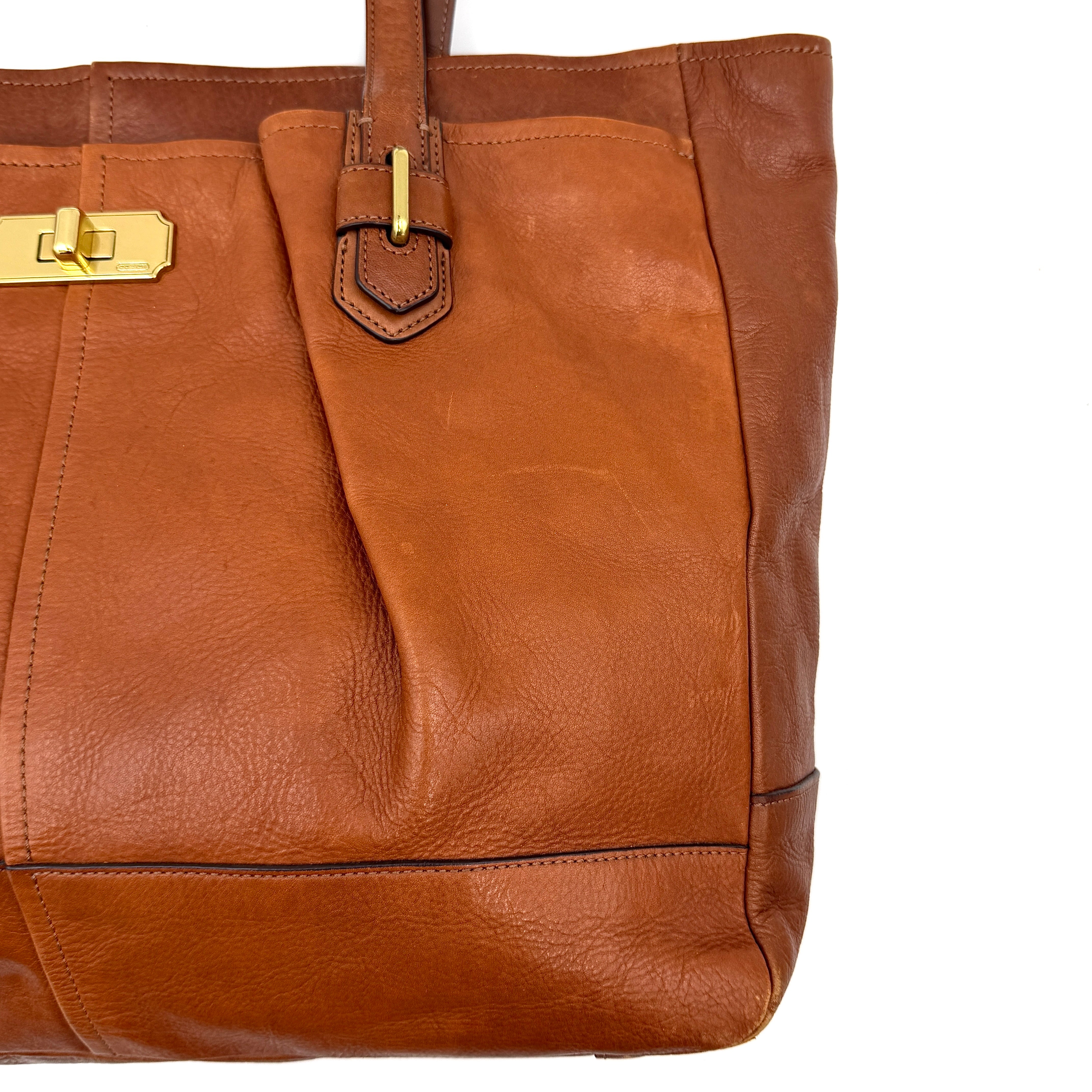 Coach Chelsea Jayden Shoulder Bag in rich brown grained leather, with gold-tone turn-lock and subtle pleated detailing.