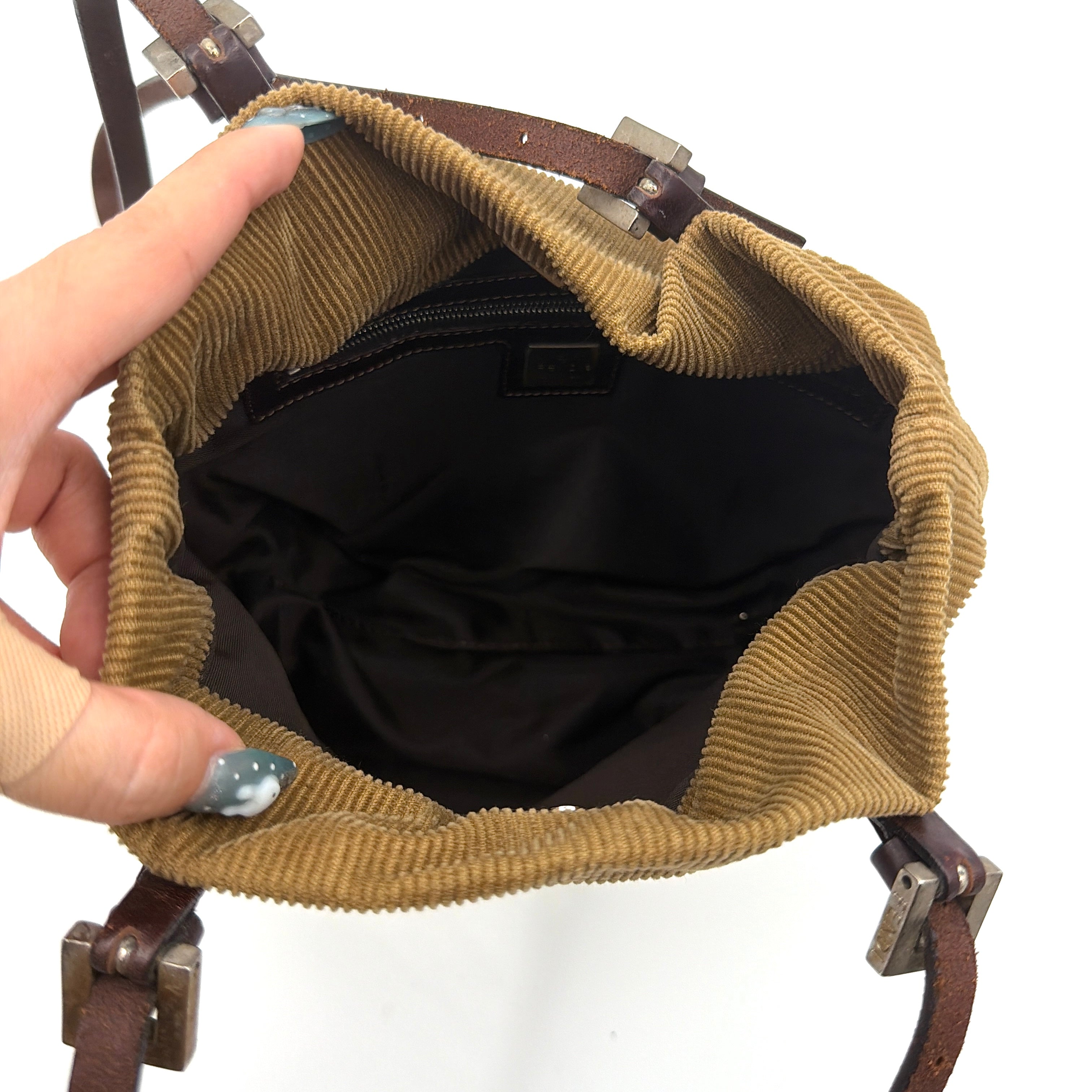 Fendi FF Logo Corduroy Mini Tote Bag Tan