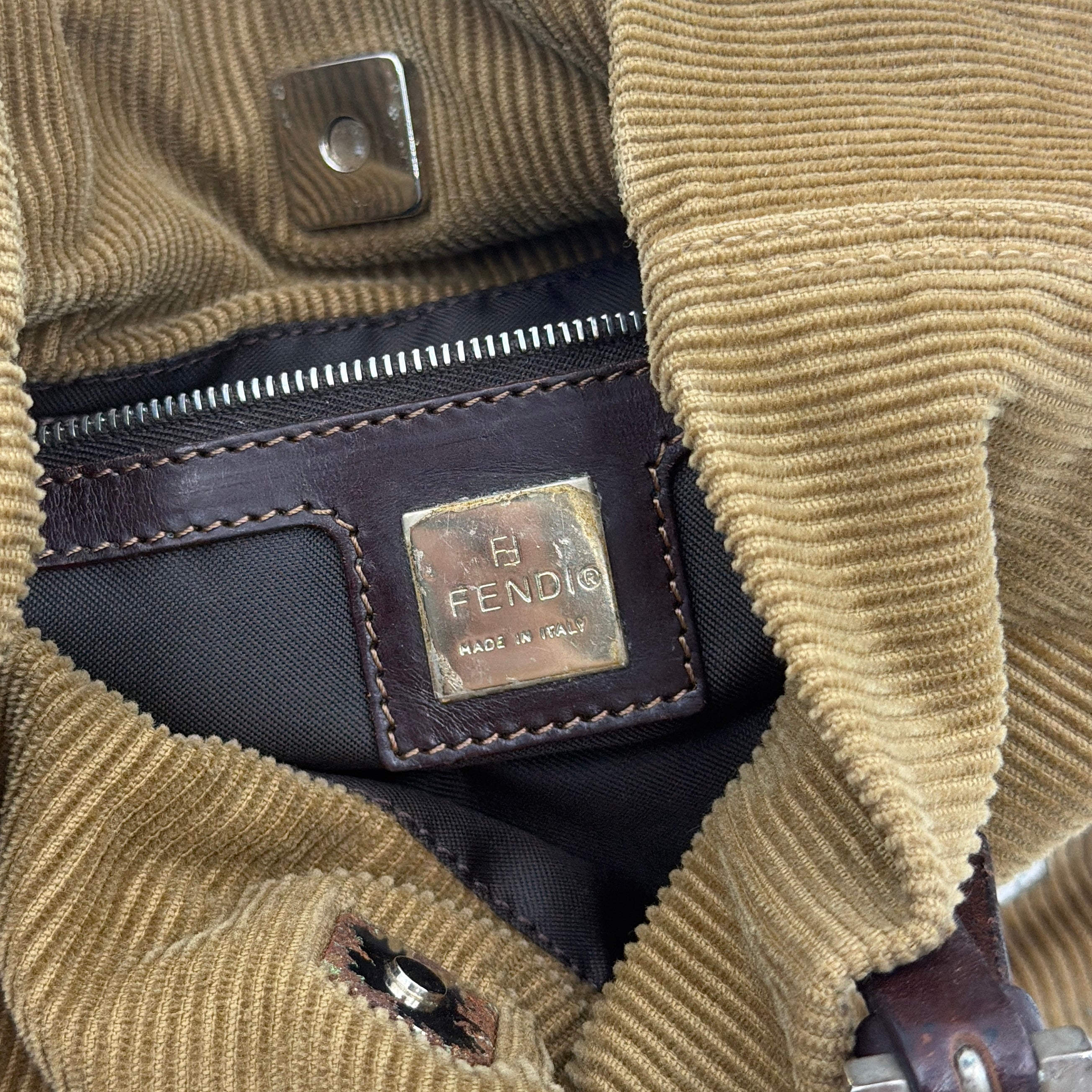 Fendi FF Logo Corduroy Mini Tote Bag Tan