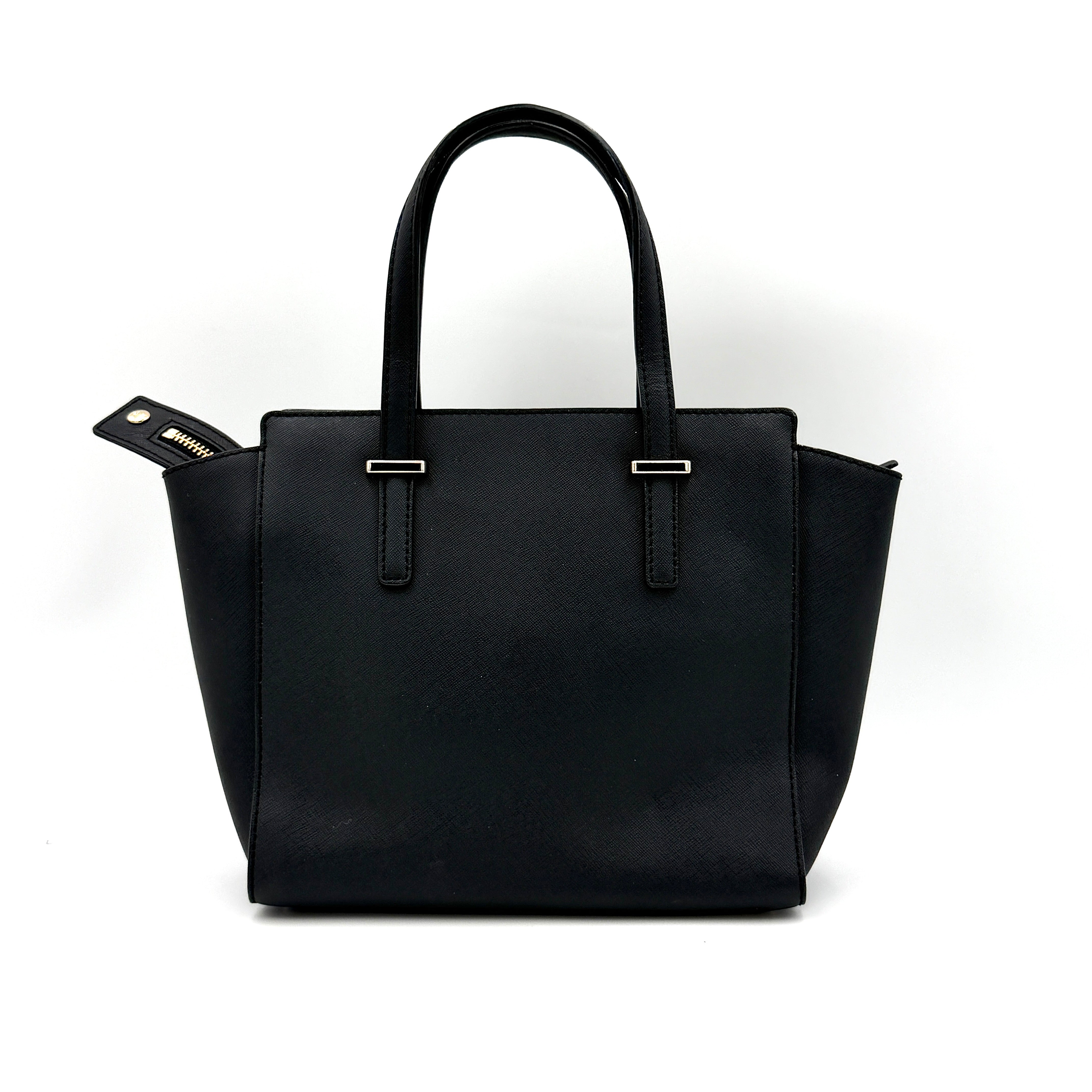 Kate Spade black Hayden handbag with structured handles and a detachable strap displayed beside it.