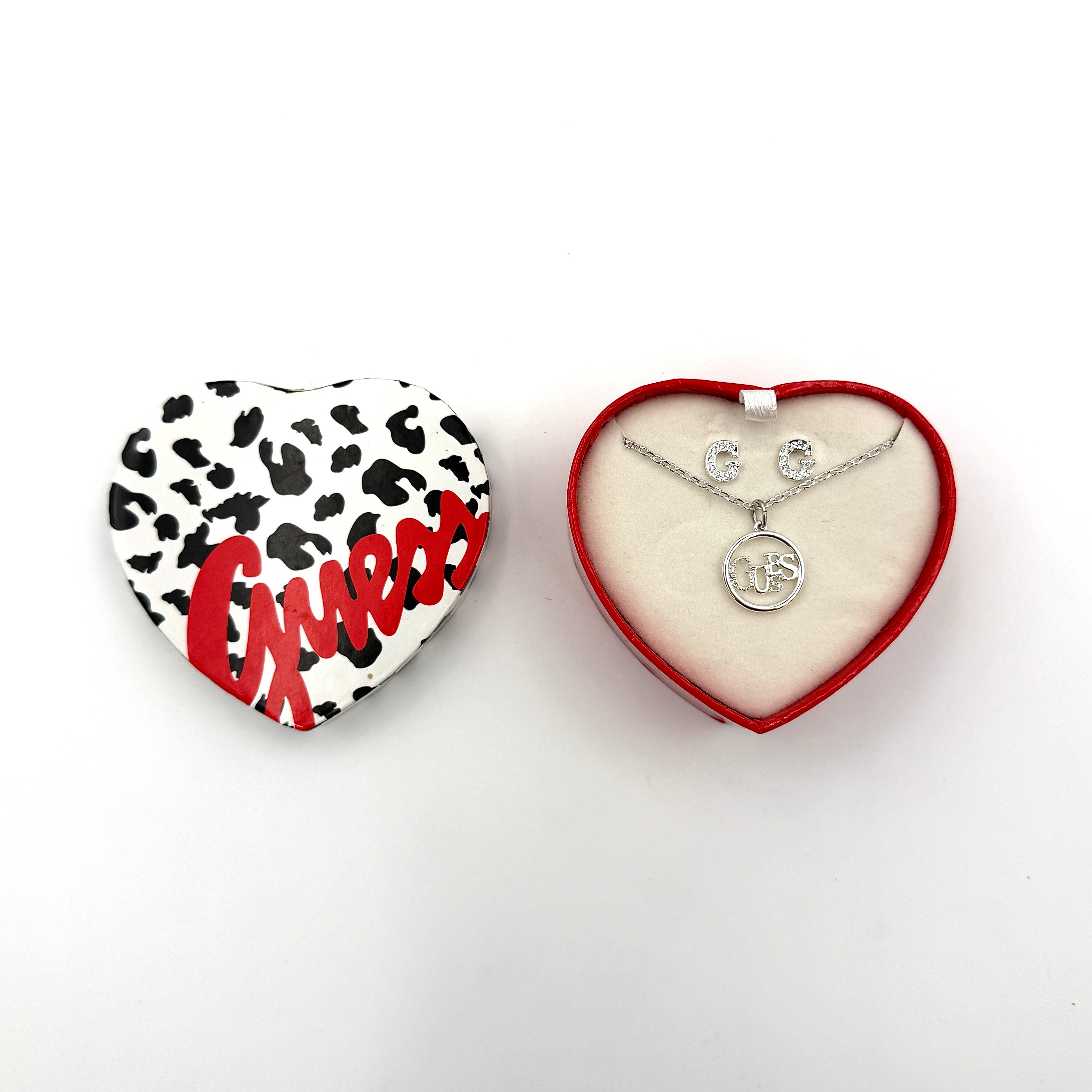 Guess Heart Necklace & Earrings Set Silver