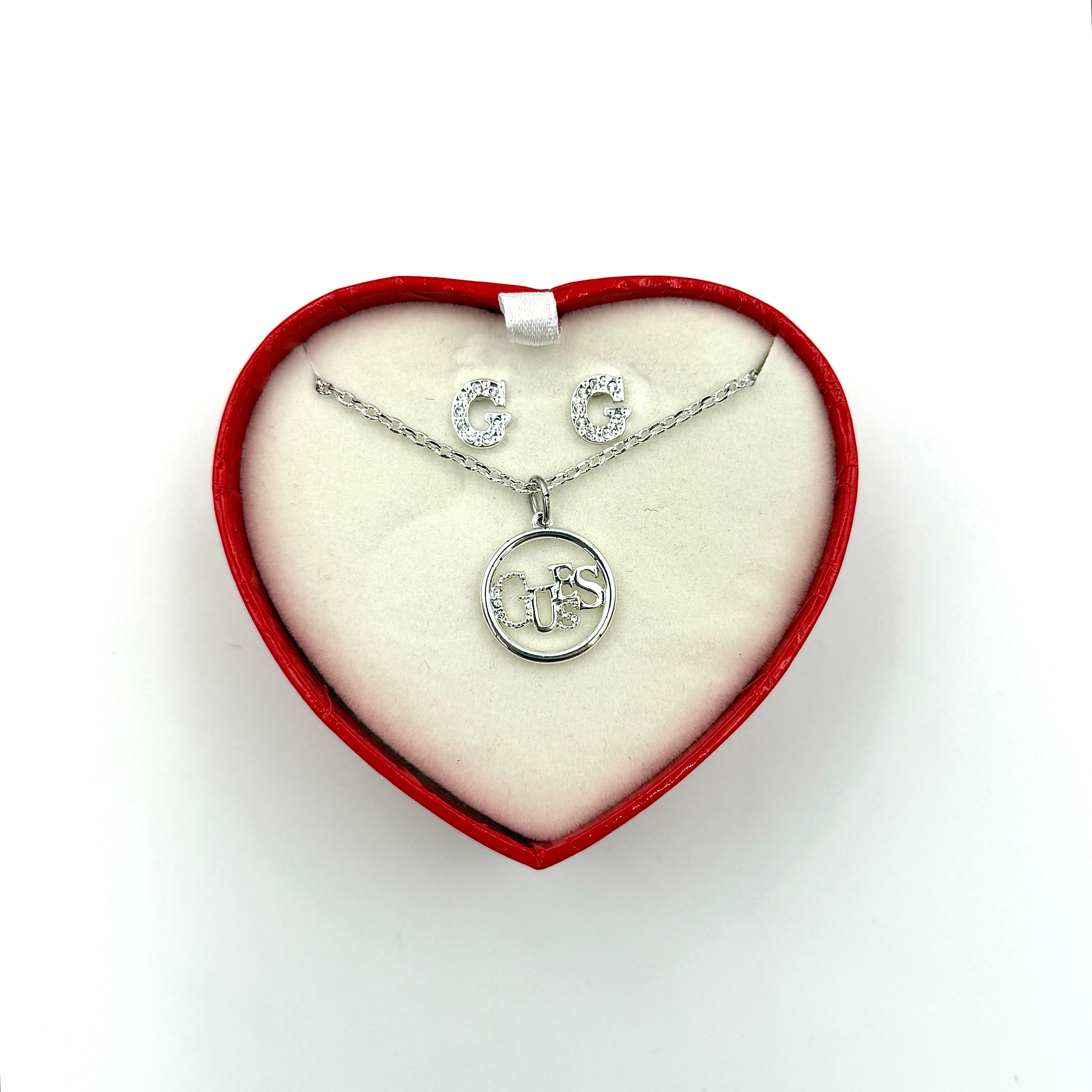 Guess Heart Necklace & Earrings Set Silver