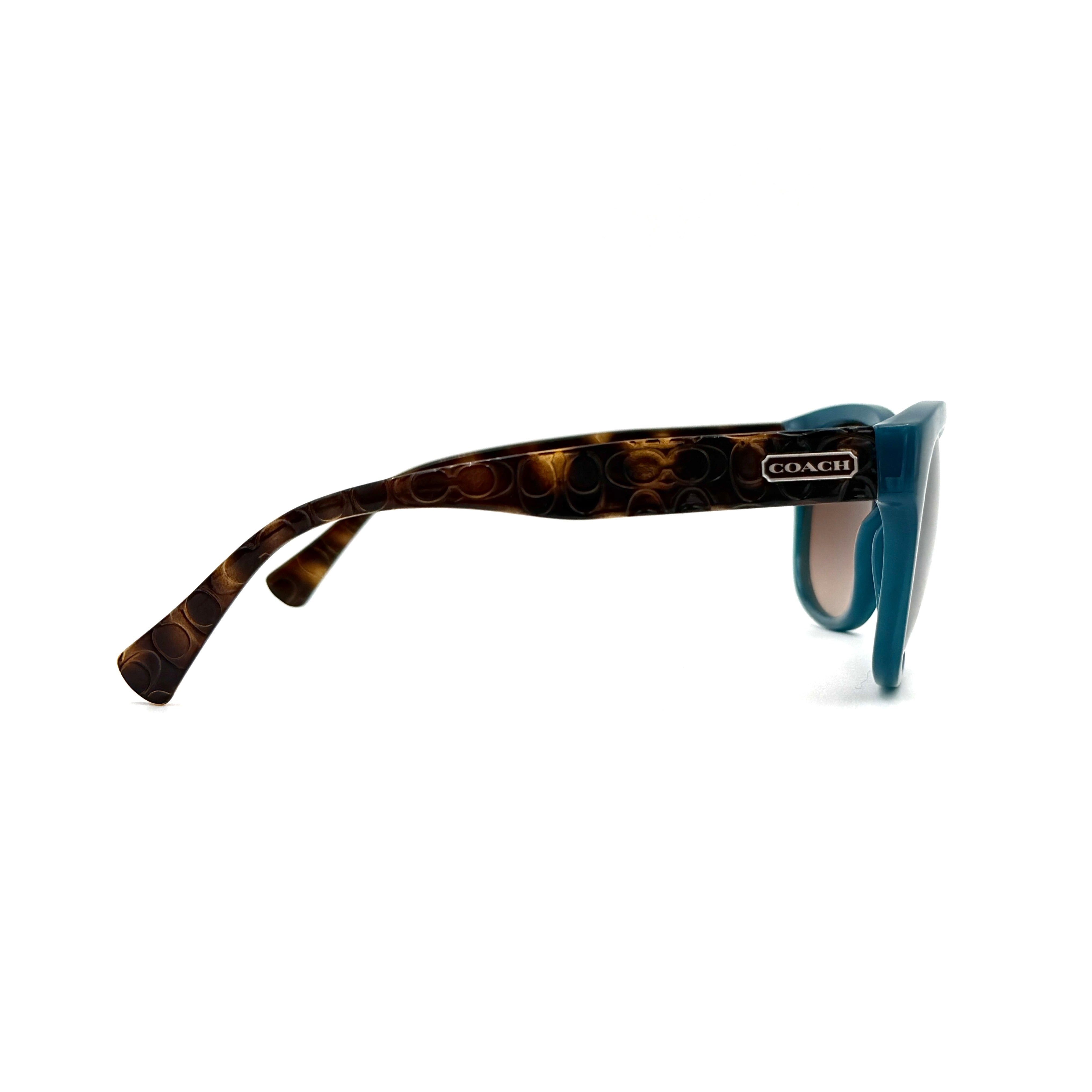 Coach HC8110 sunglasses in teal and dark tortoiseshell acetate with gradient brown lenses, shown at a three-quarter angle.