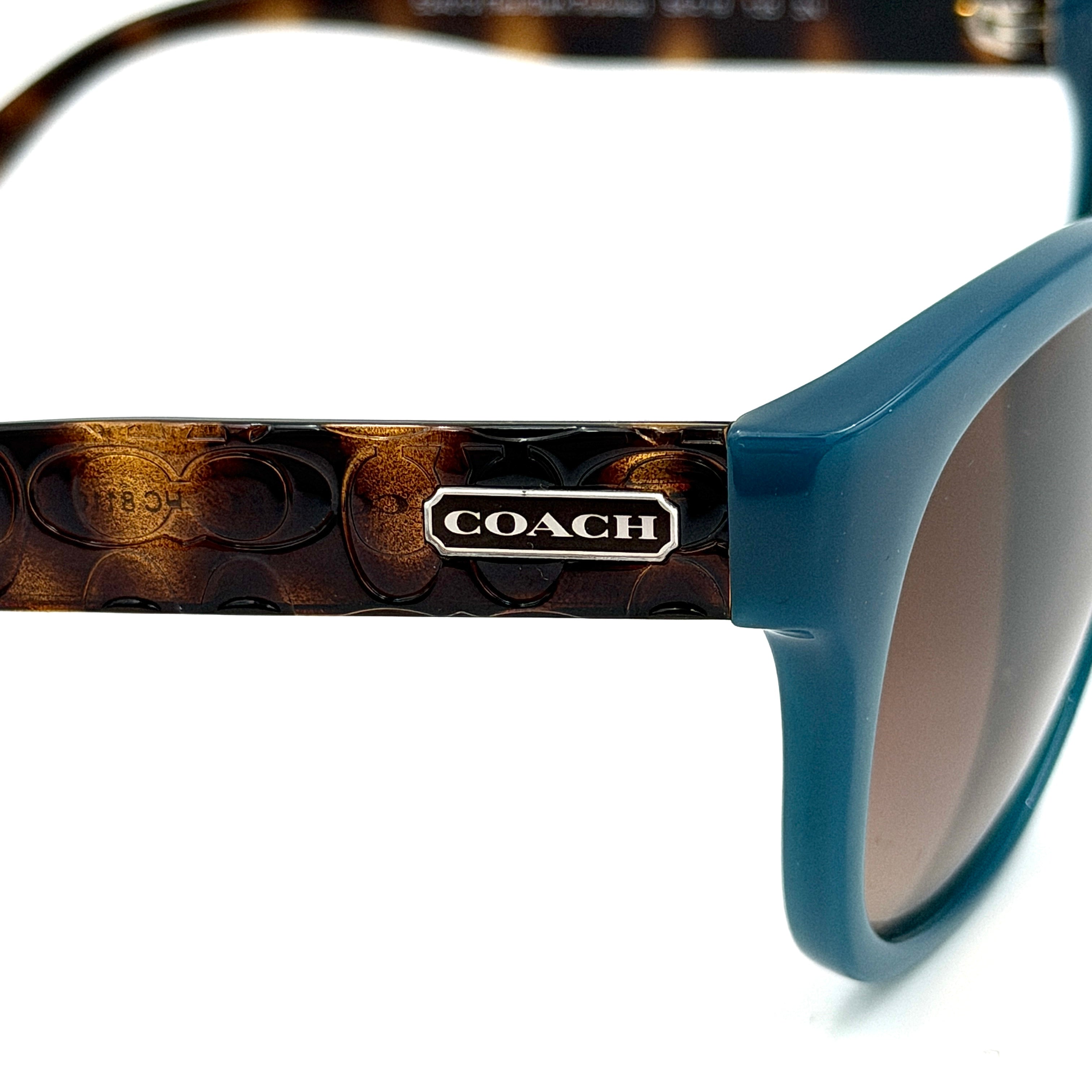 Coach HC8110 sunglasses in teal and dark tortoiseshell acetate with gradient brown lenses, shown at a three-quarter angle.