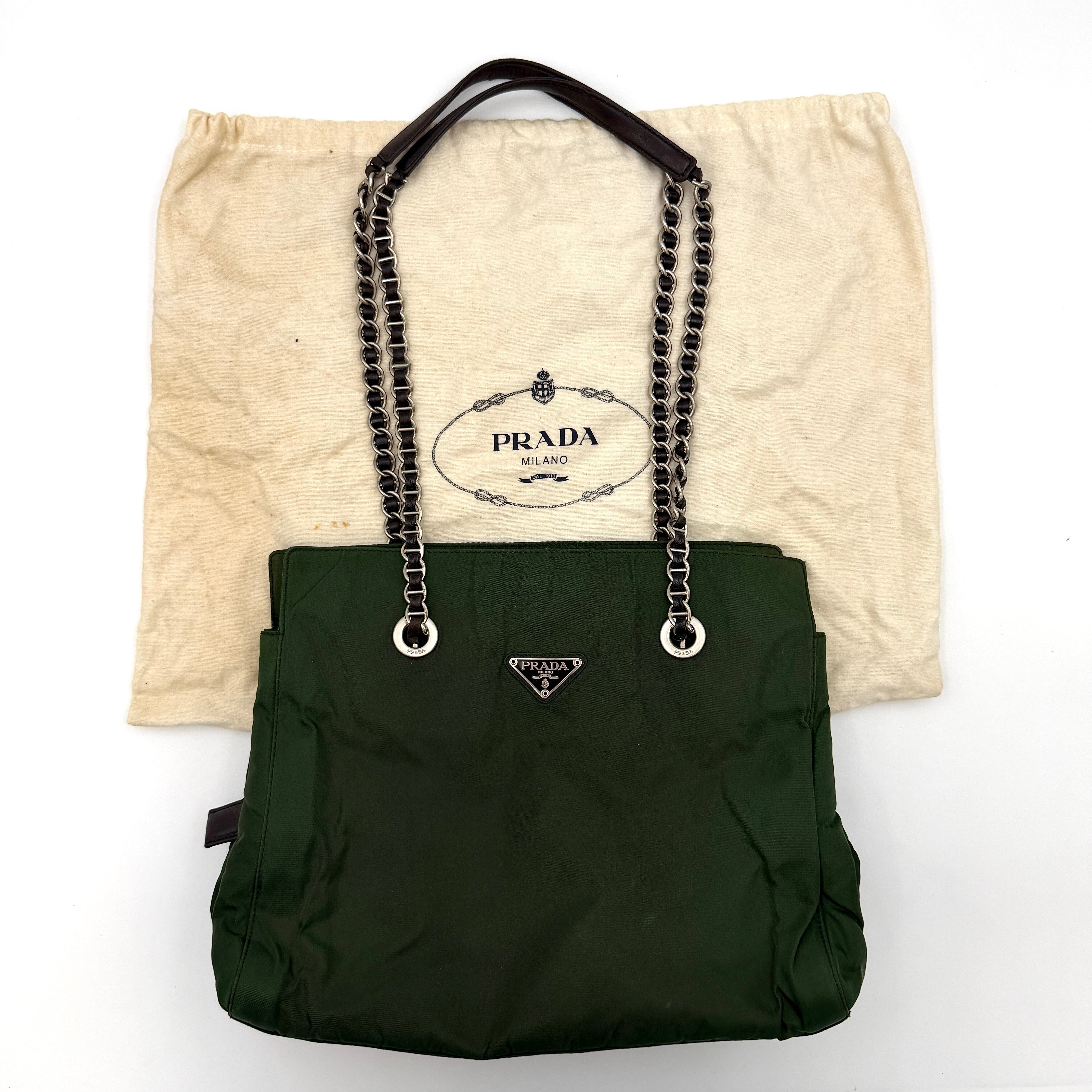 A Prada Tessuto Nylon Chain Shoulder Bag in deep green with silver-tone chain straps, featuring the iconic triangular logo on the front.