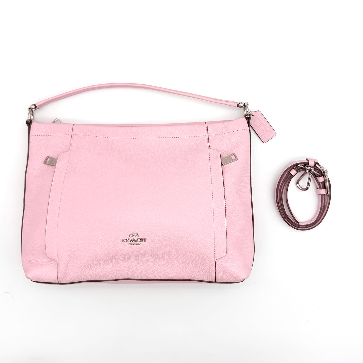 Coach 2Way Scout Hobo in pastel pink leather with silver hardware, shown with handle and detachable strap.