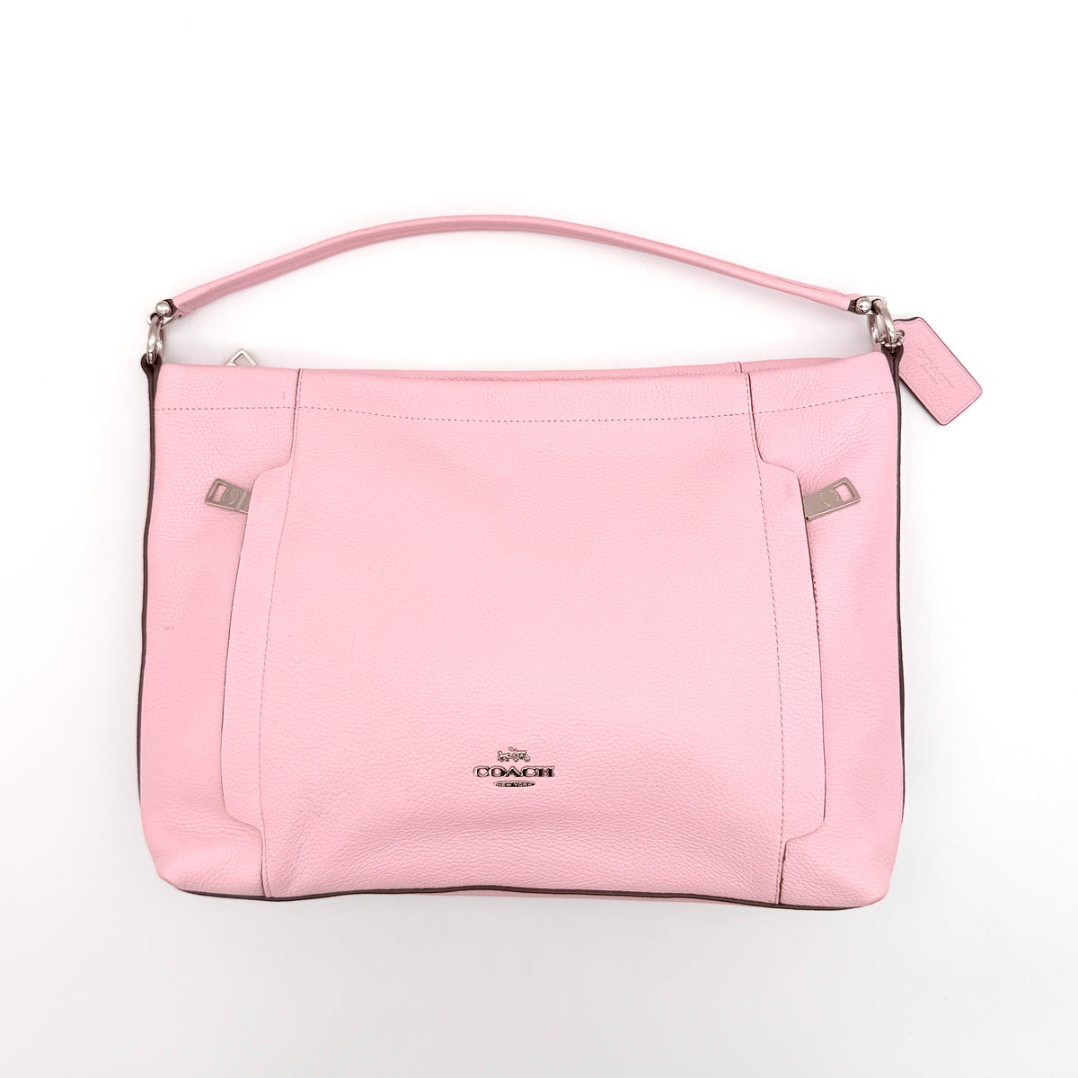 Coach 2Way Scout Hobo in pastel pink leather with silver hardware, shown with handle and detachable strap.