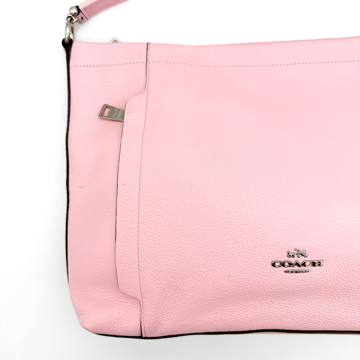 Coach 2Way Scout Hobo in pastel pink leather with silver hardware, shown with handle and detachable strap.