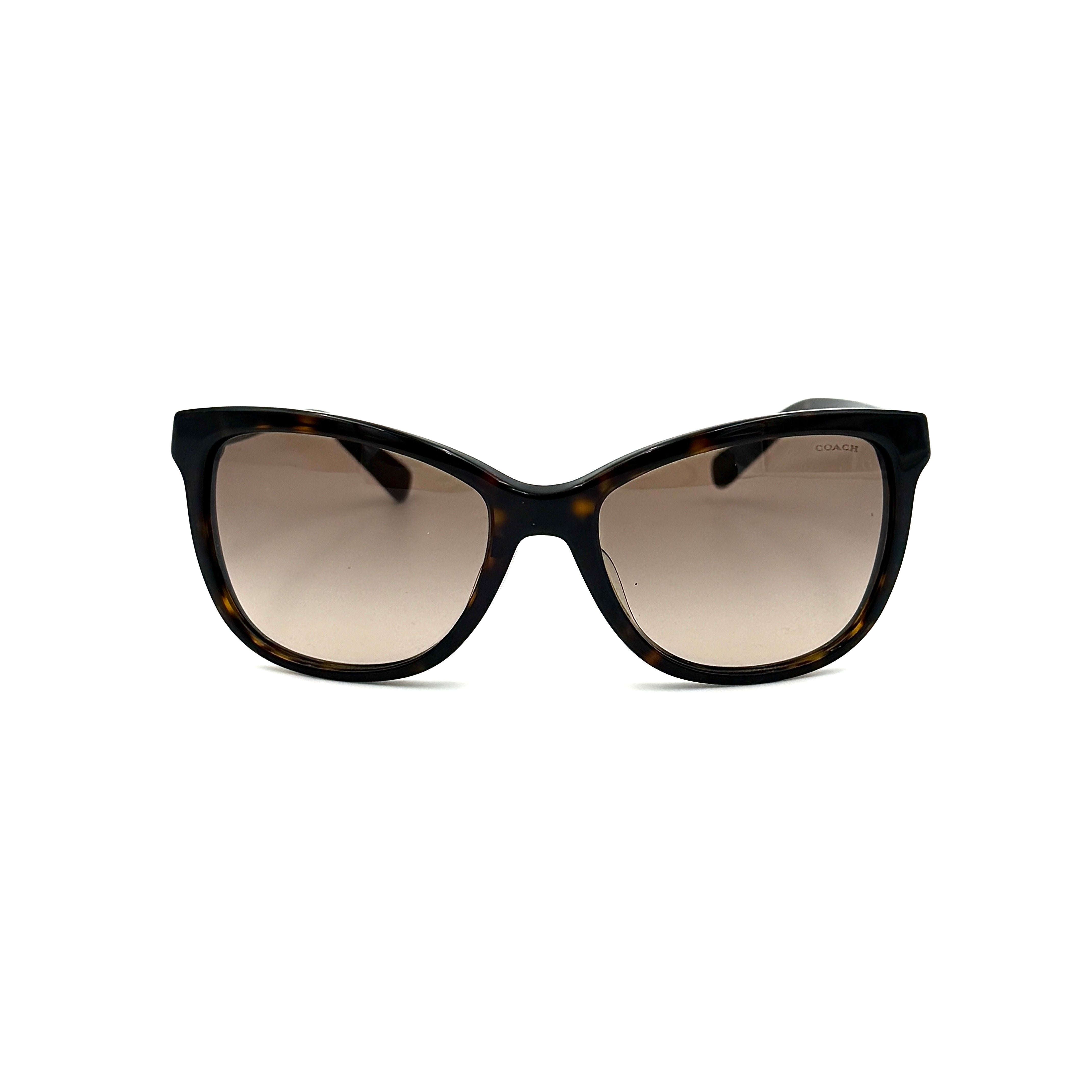 Coach HC8187BF sunglasses in dark tortoise acetate with gold floral and crystal temple detailing, shown in a three-quarter profile.