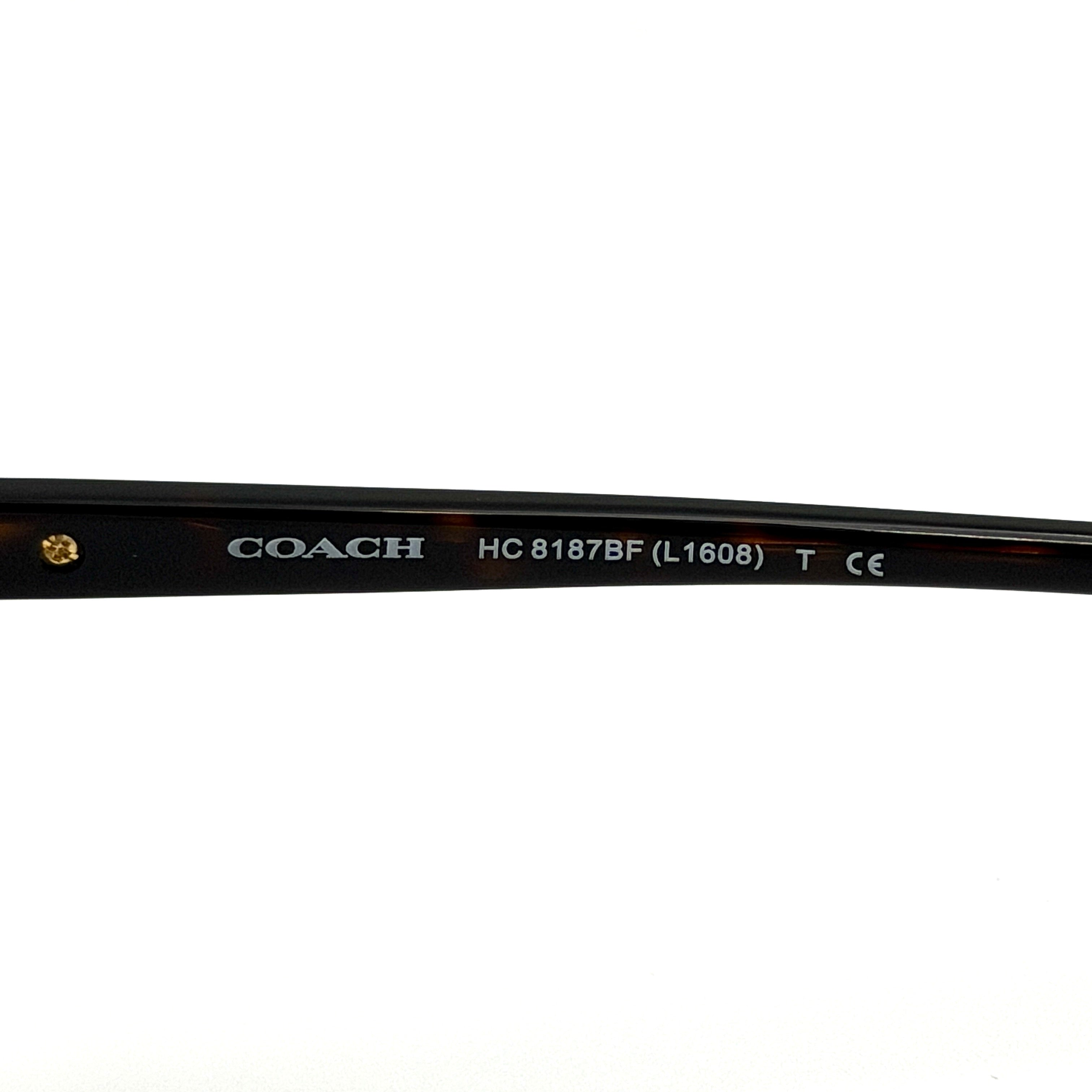 Coach HC8187BF sunglasses in dark tortoise acetate with gold floral and crystal temple detailing, shown in a three-quarter profile.