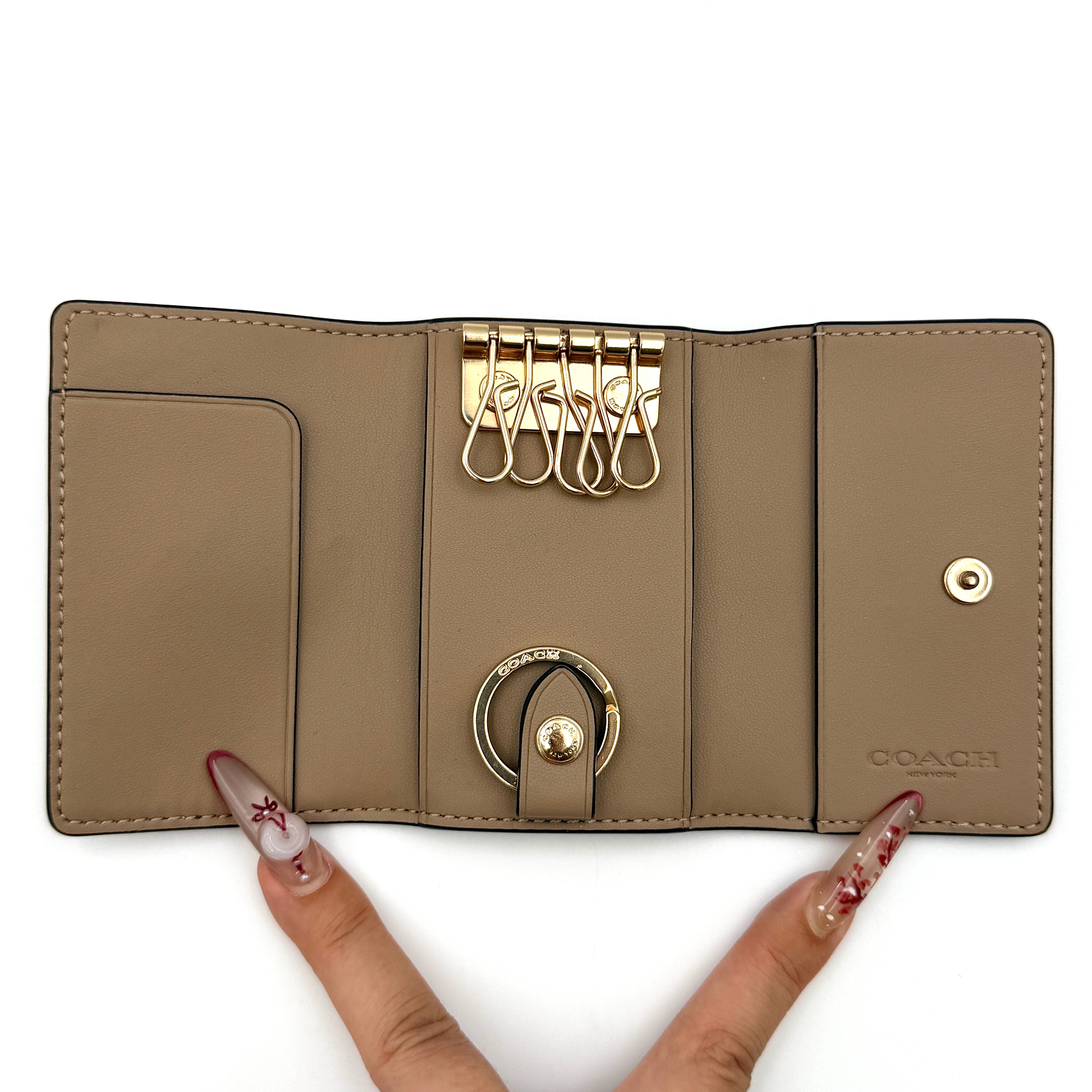 Coach floral print key case in cream with pink and brown blossom accents, gold hardware and structured silhouette.
