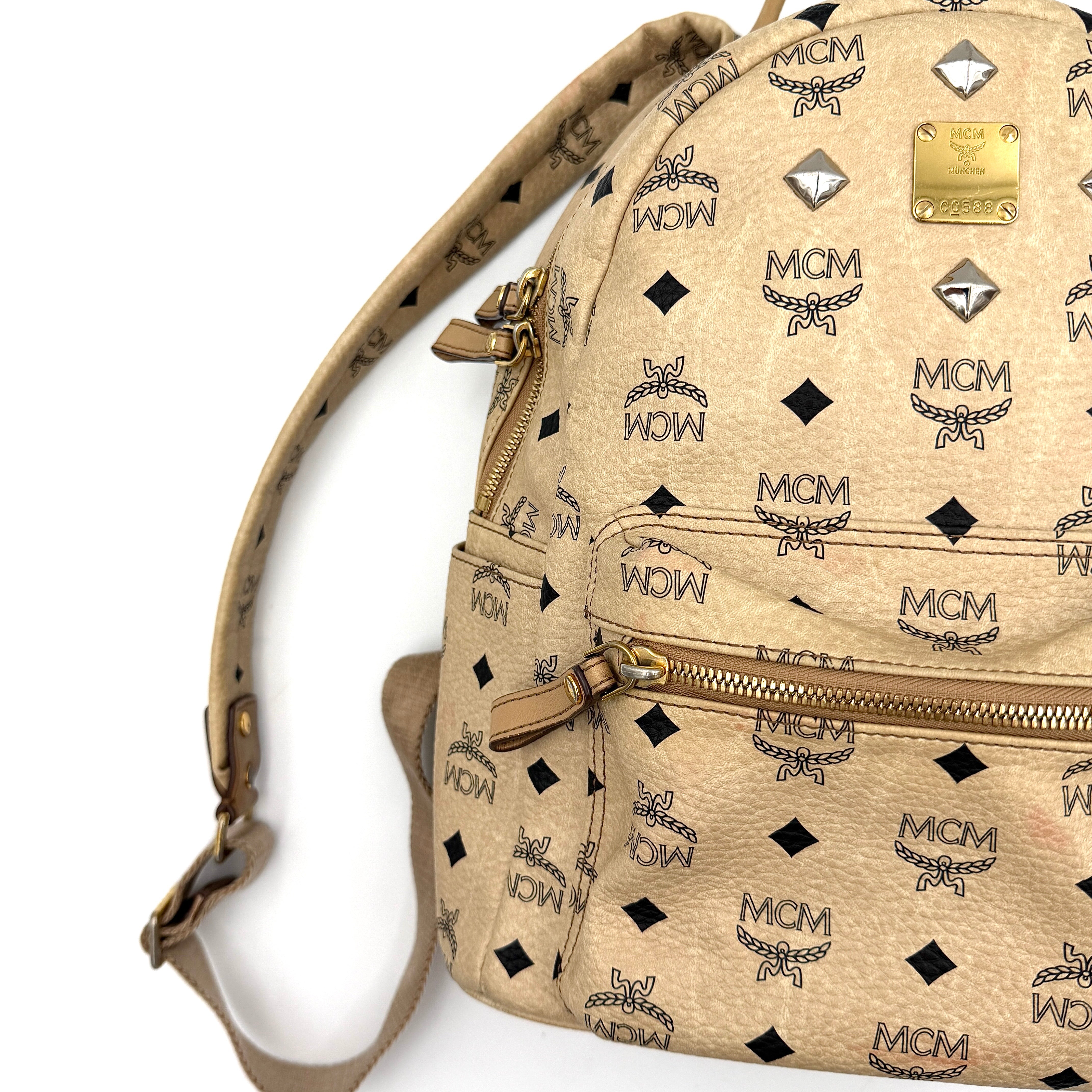 MCM Visetos Stark Leather Backpack Beige