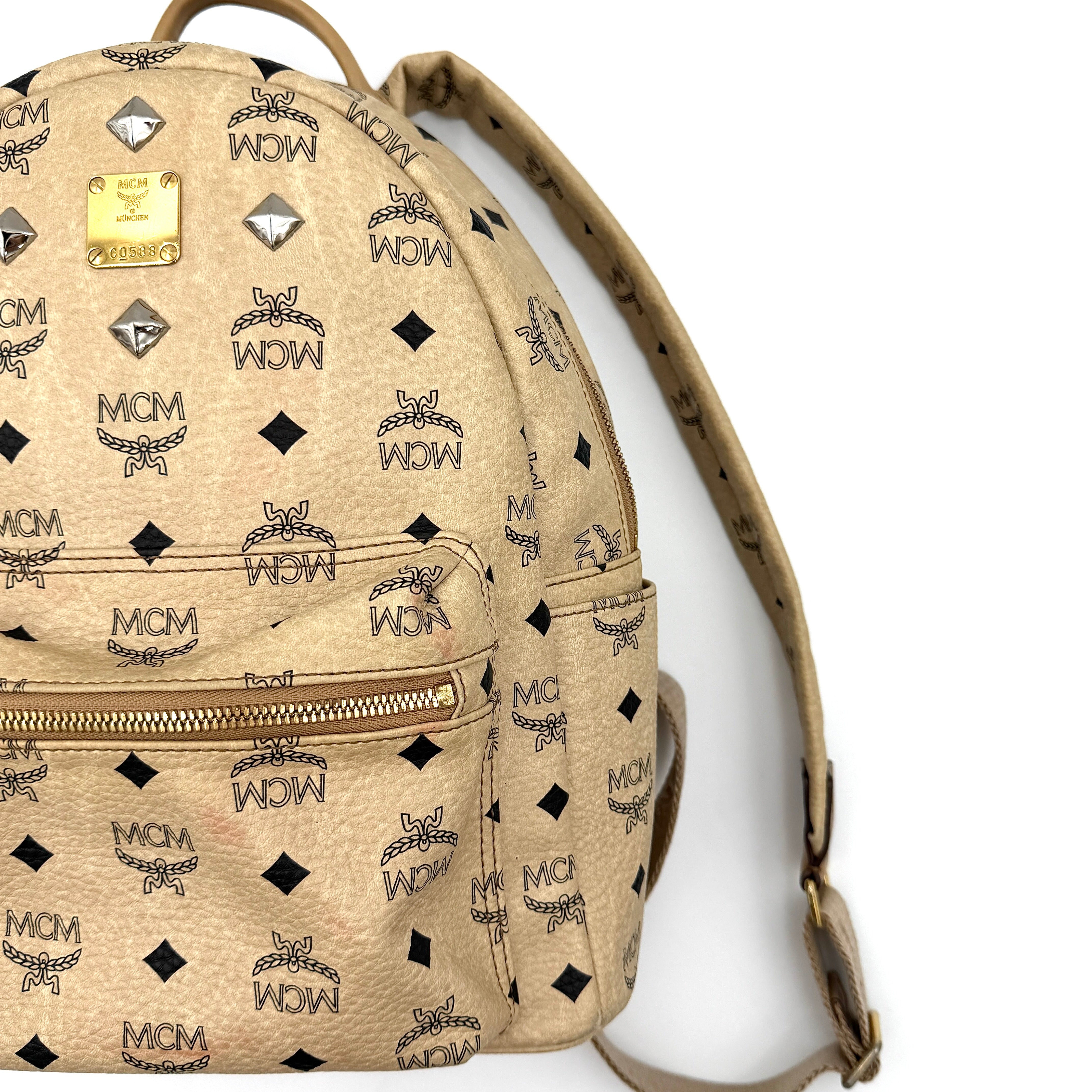 MCM Visetos Stark Leather Backpack Beige