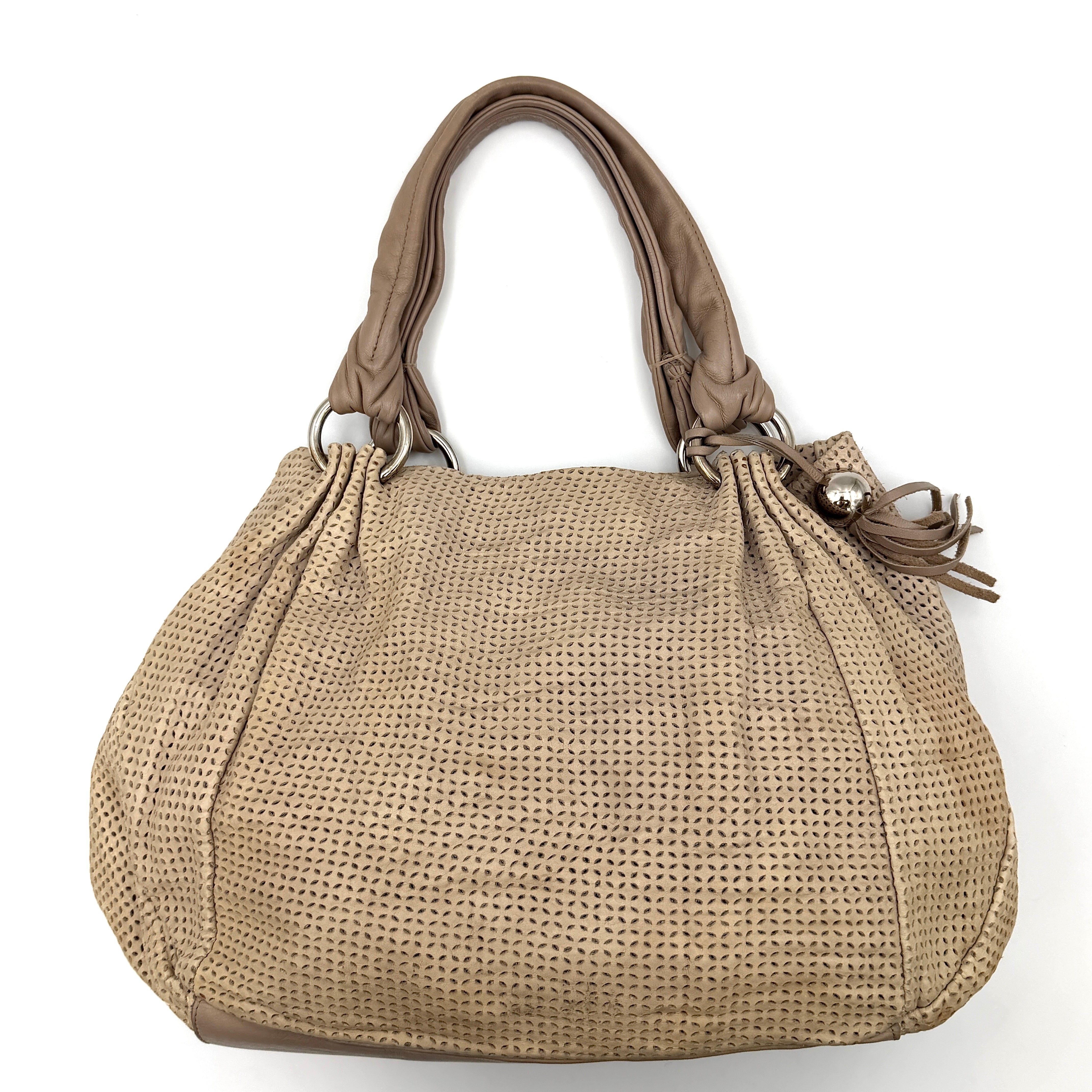 Furla light brown python-embossed hobo bag with perforated leather, silver hardware, and double handles.
