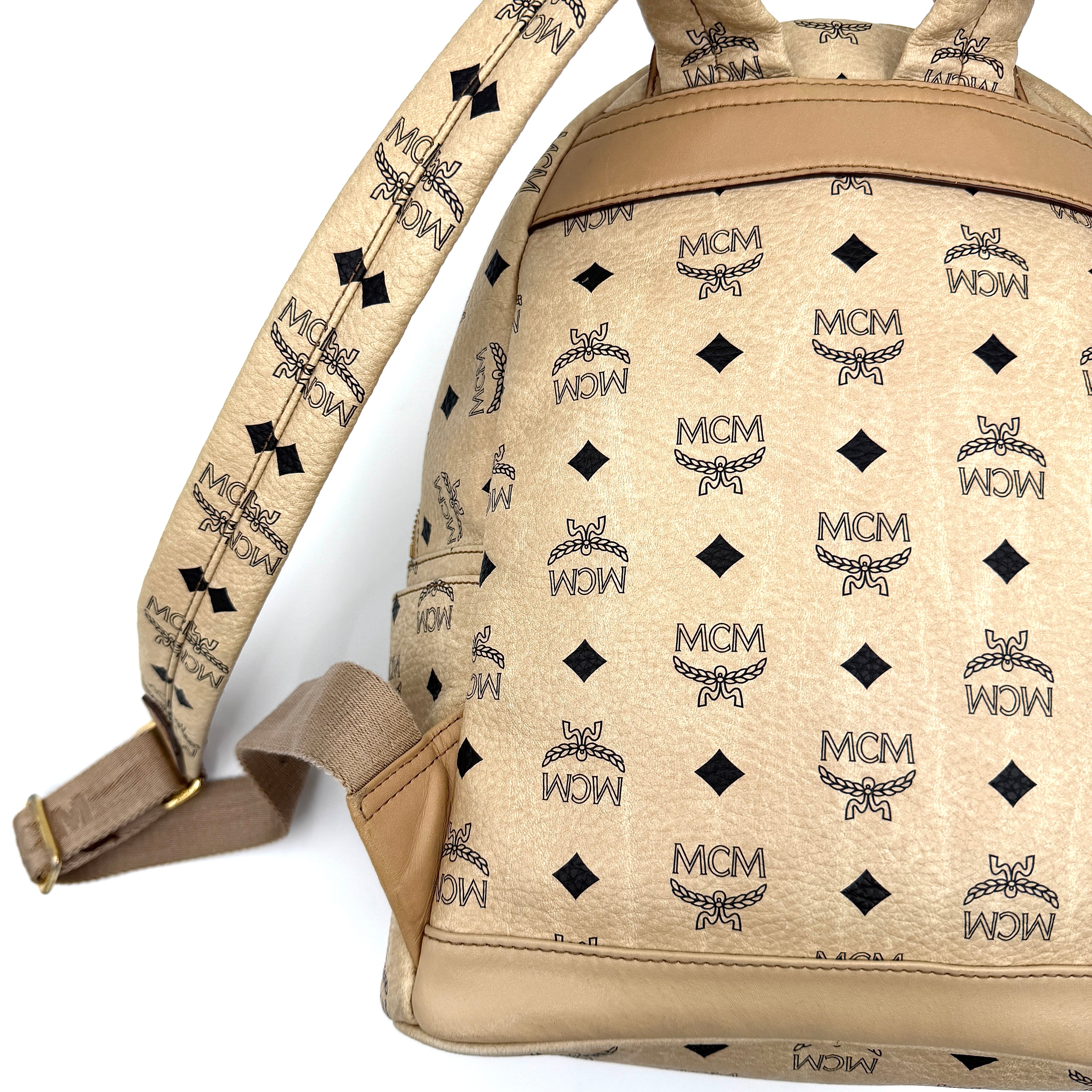 MCM Visetos Stark Leather Backpack Beige