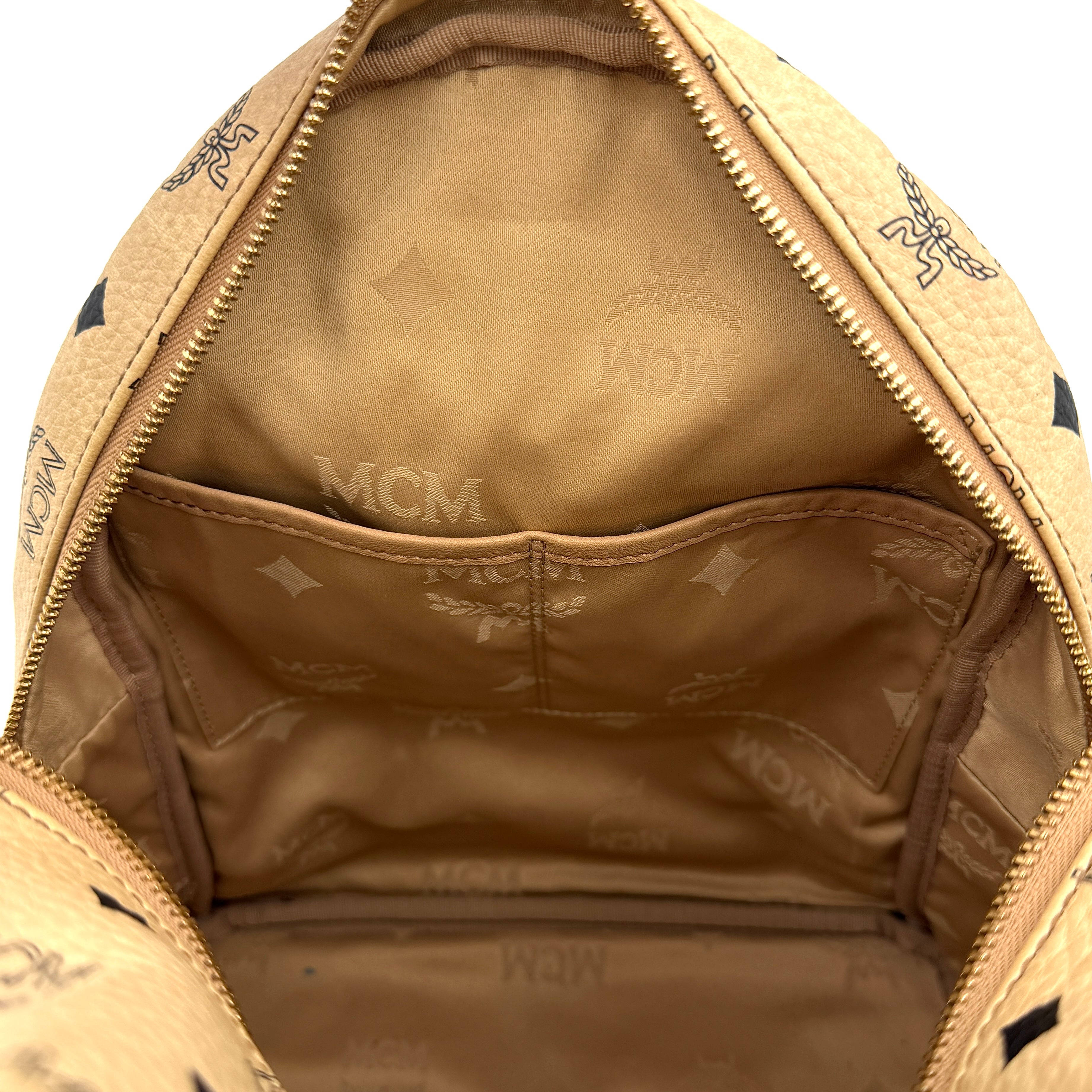 MCM Visetos Stark Leather Backpack Beige