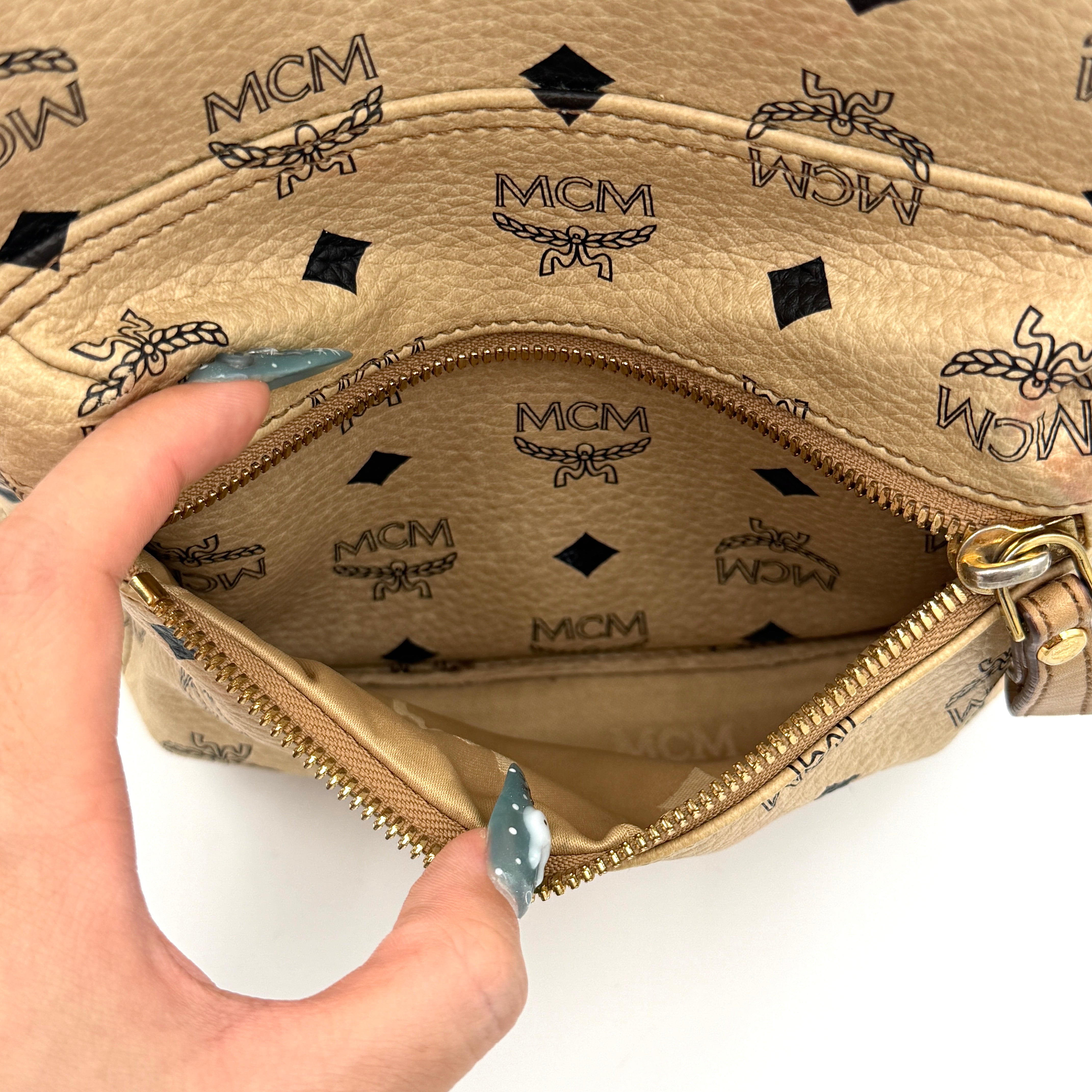 MCM Visetos Stark Leather Backpack Beige