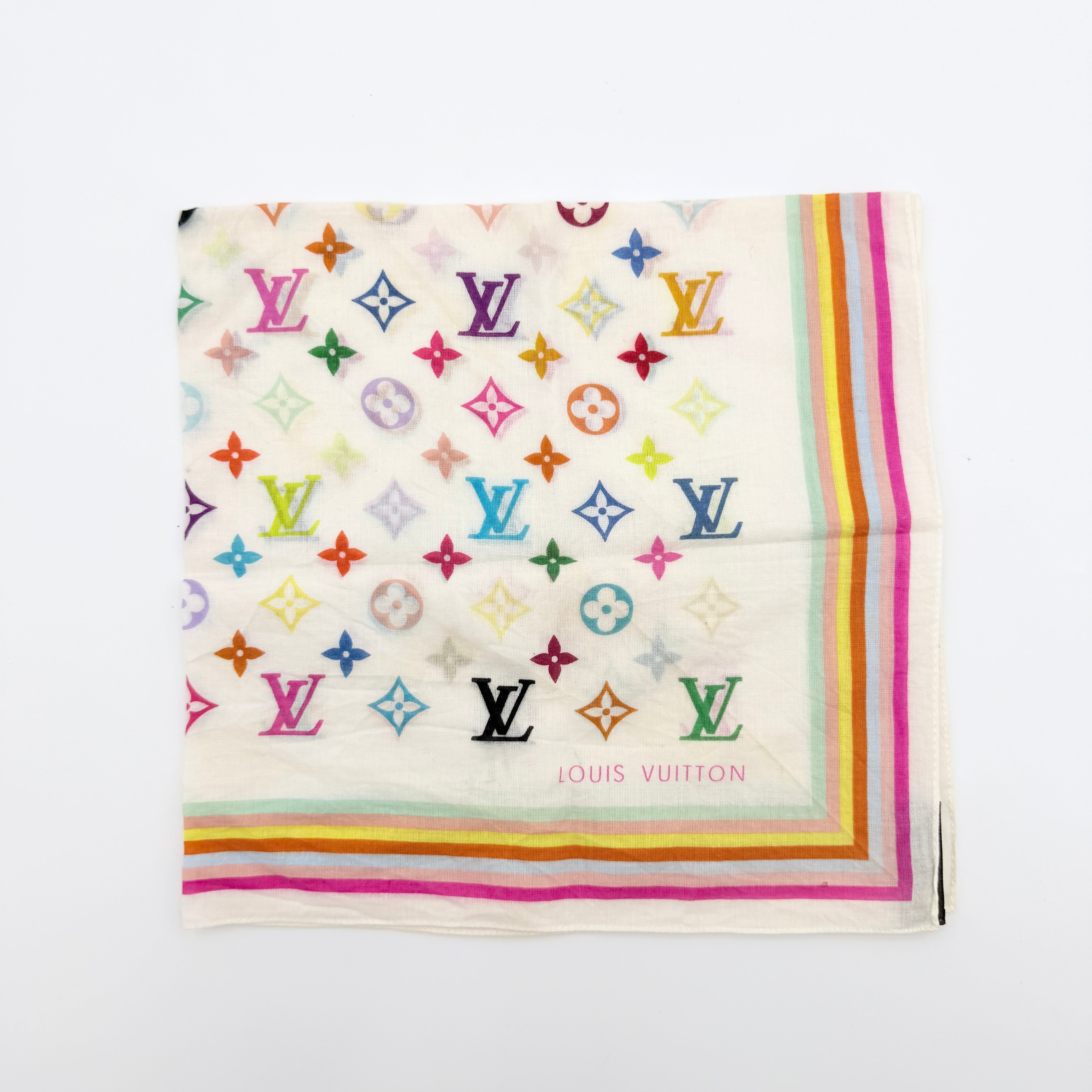 Louis Vuitton Murakami Monogram Scarf in multicolour cotton with vibrant LV motif and striped border.